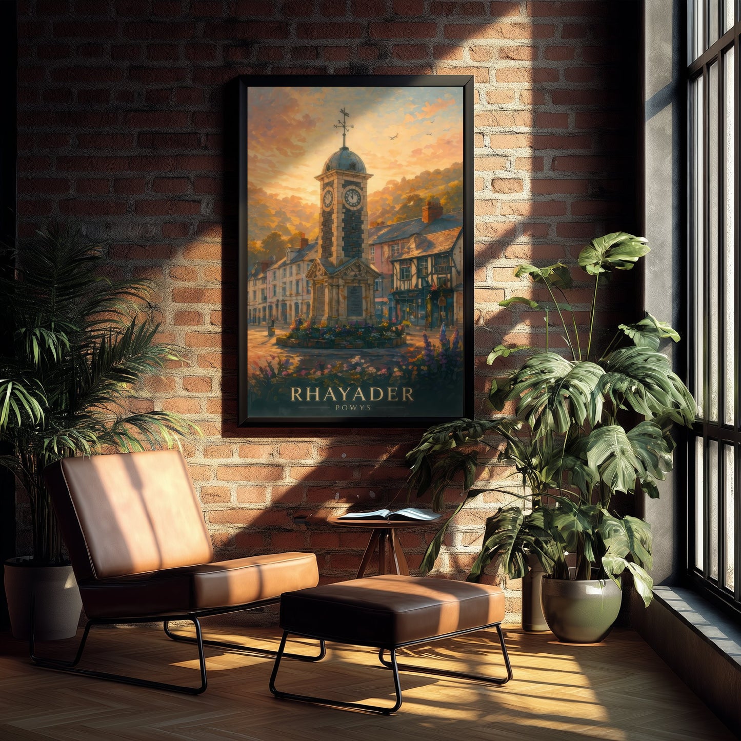 Rhayader Powys Wales Travel Poster - Art Print - Sunset Illustration - Clock Tower Wall Art 1/3