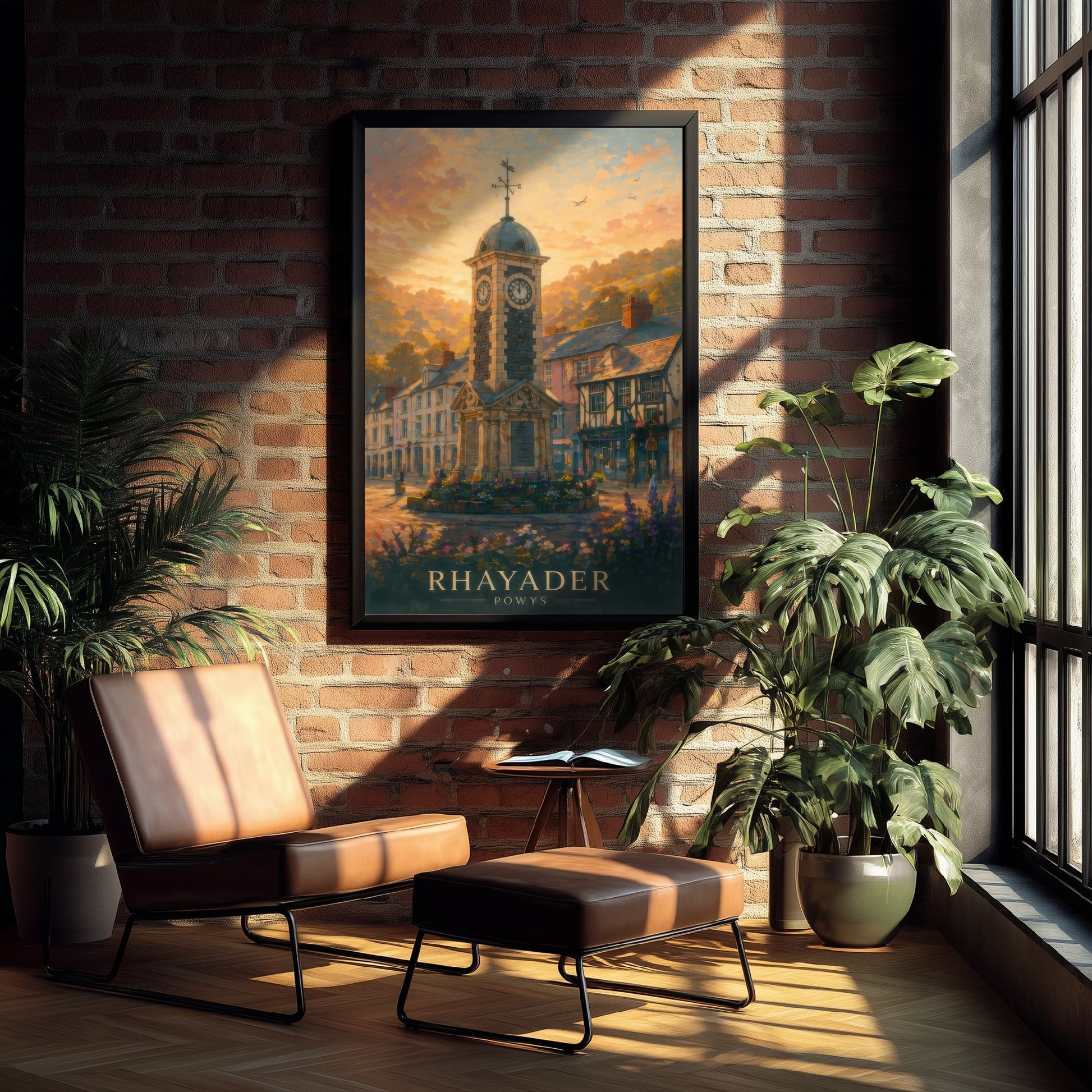 Rhayader Powys Wales Travel Poster - Art Print - Sunset Illustration - Clock Tower Wall Art 1/3