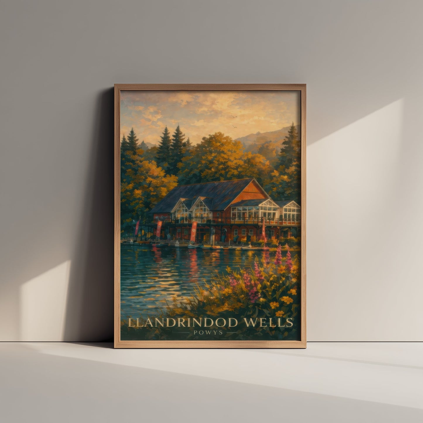 Llandrindod Wells Powys Travel Poster - Art Print - Sunset Illustration - Lake Boathouse Wall Art 2/3