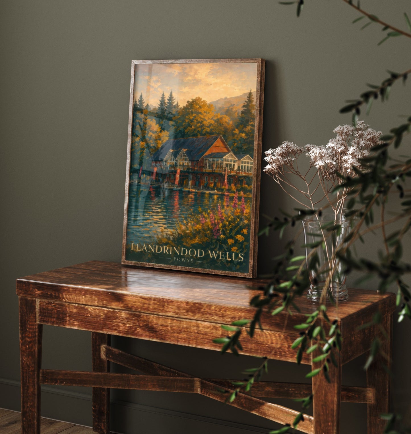 Llandrindod Wells Powys Travel Poster - Art Print - Sunset Illustration - Lake Boathouse Wall Art 2/3