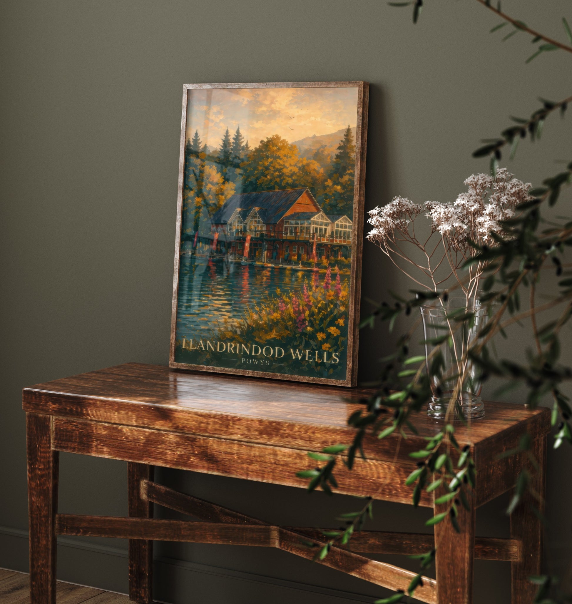 Llandrindod Wells Powys Travel Poster - Art Print - Sunset Illustration - Lake Boathouse Wall Art 2/3