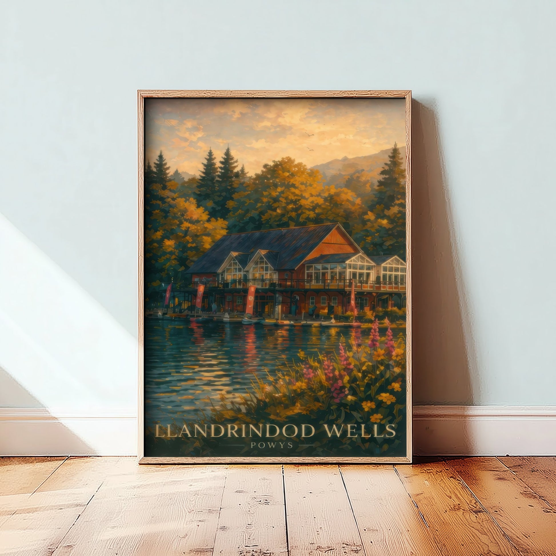 Llandrindod Wells Powys Travel Poster - Art Print - Sunset Illustration - Lake Boathouse Wall Art 2/3