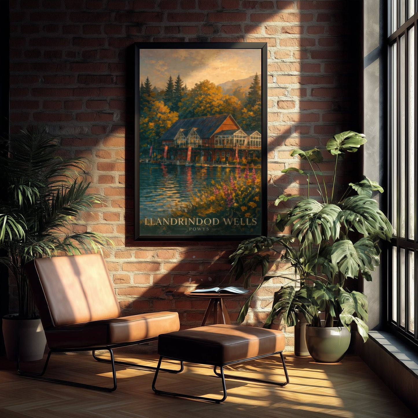 Llandrindod Wells Powys Travel Poster - Art Print - Sunset Illustration - Lake Boathouse Wall Art 2/3