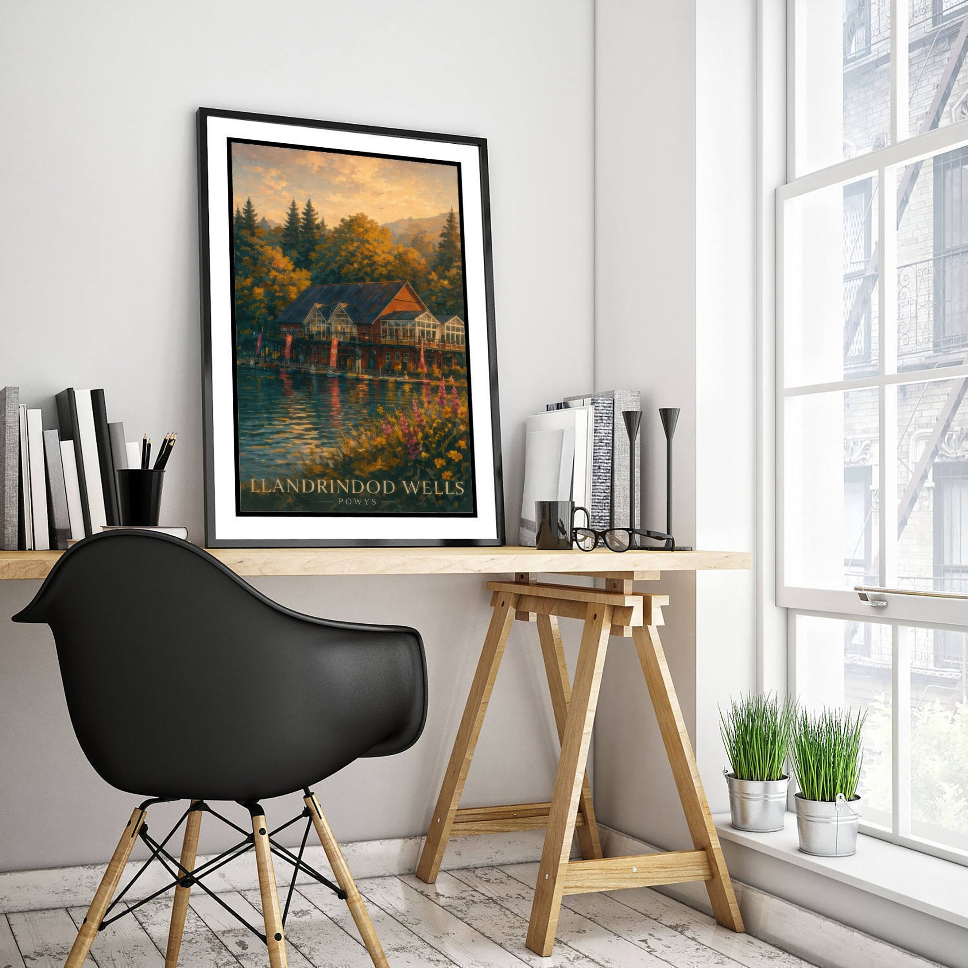 Llandrindod Wells Powys Travel Poster - Art Print - Sunset Illustration - Lake Boathouse Wall Art 2/3