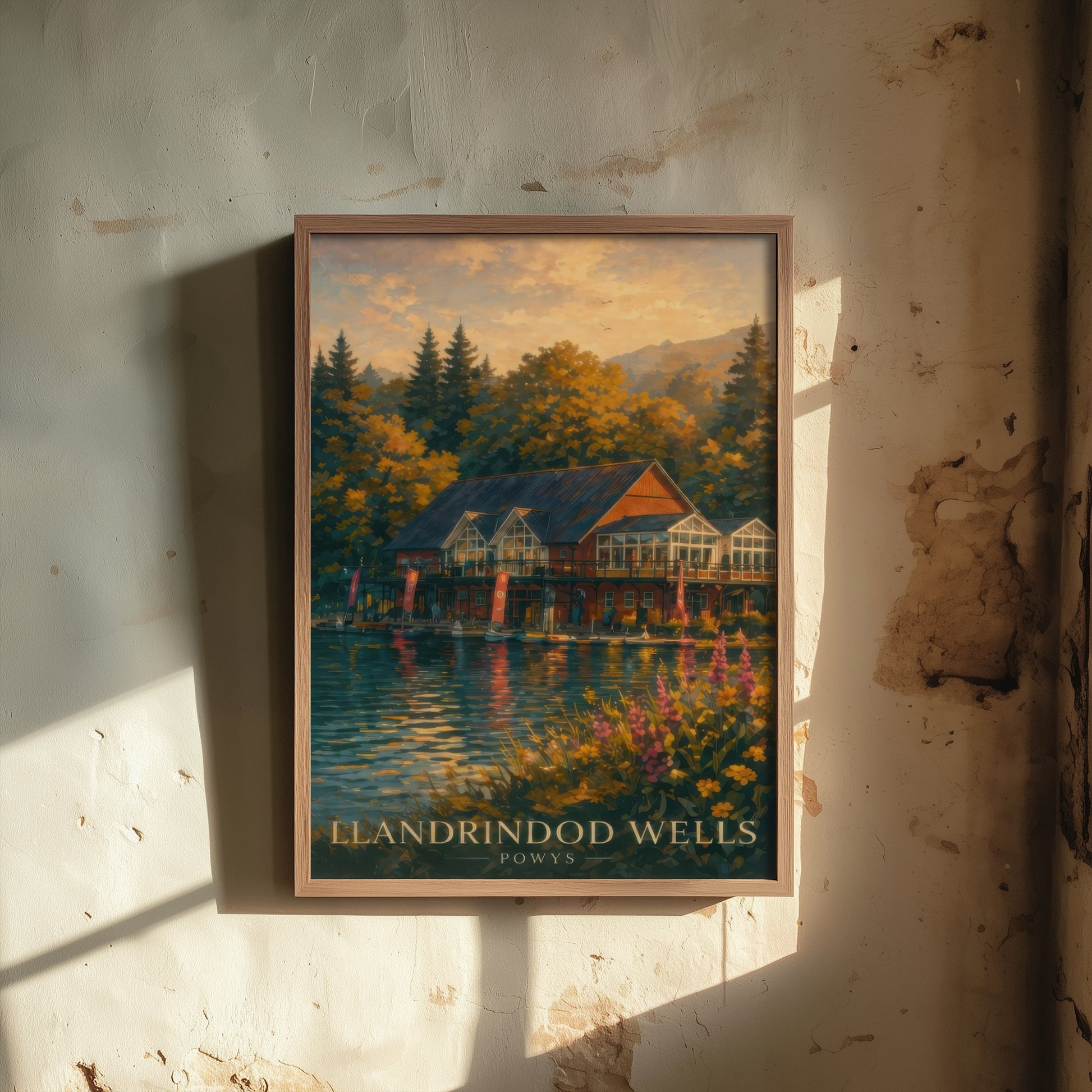 Llandrindod Wells Powys Travel Poster - Art Print - Sunset Illustration - Lake Boathouse Wall Art 2/3