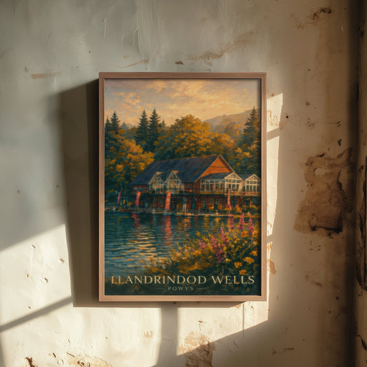 Llandrindod Wells Powys Travel Poster - Art Print - Sunset Illustration - Lake Boathouse Wall Art 2/3