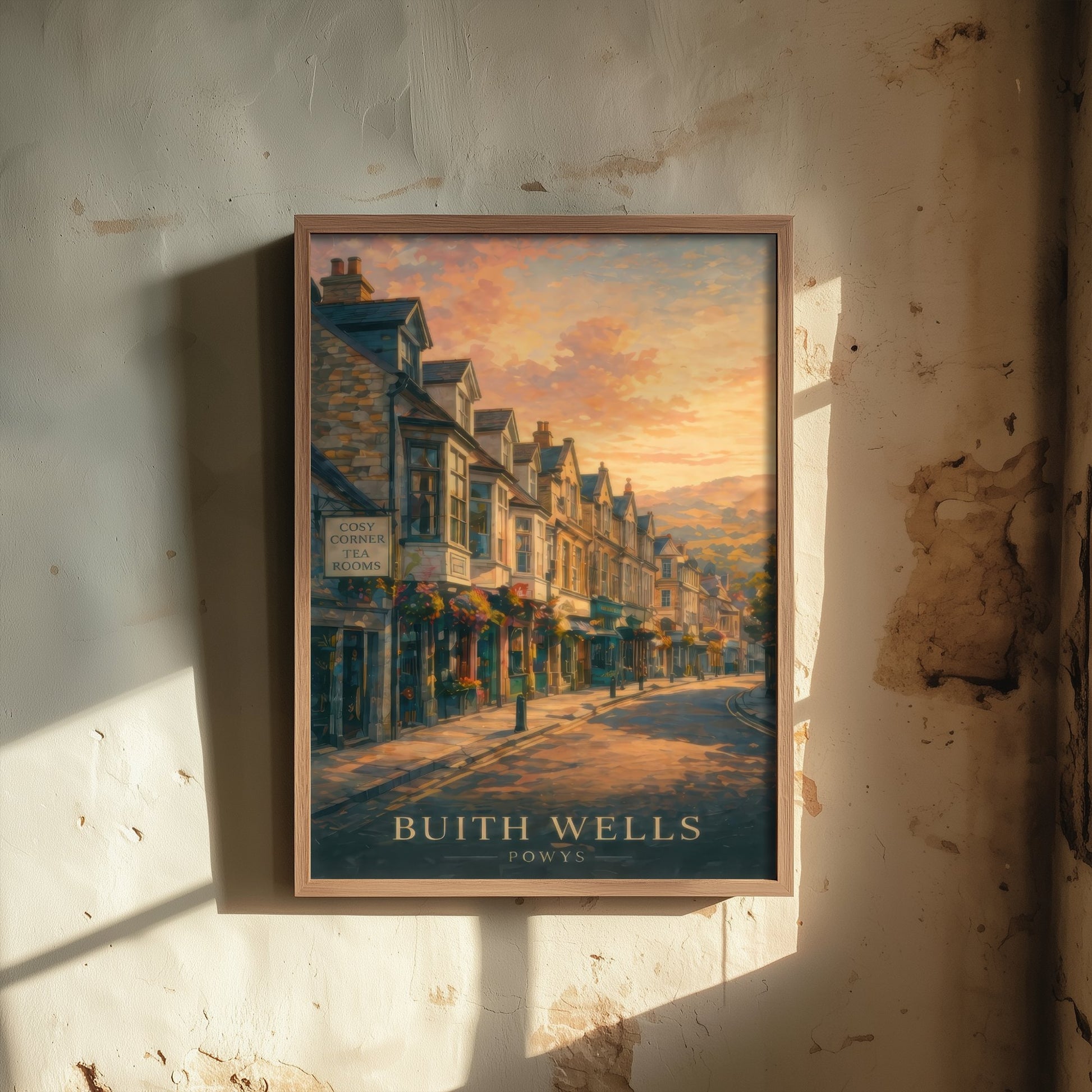 Builth Wells Powys Wales Travel Poster - Art Print - Sunset Illustration - High Street Wall Art 3/3