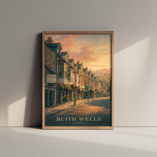 Builth Wells Powys Wales Travel Poster - Art Print - Sunset Illustration - High Street Wall Art 3/3