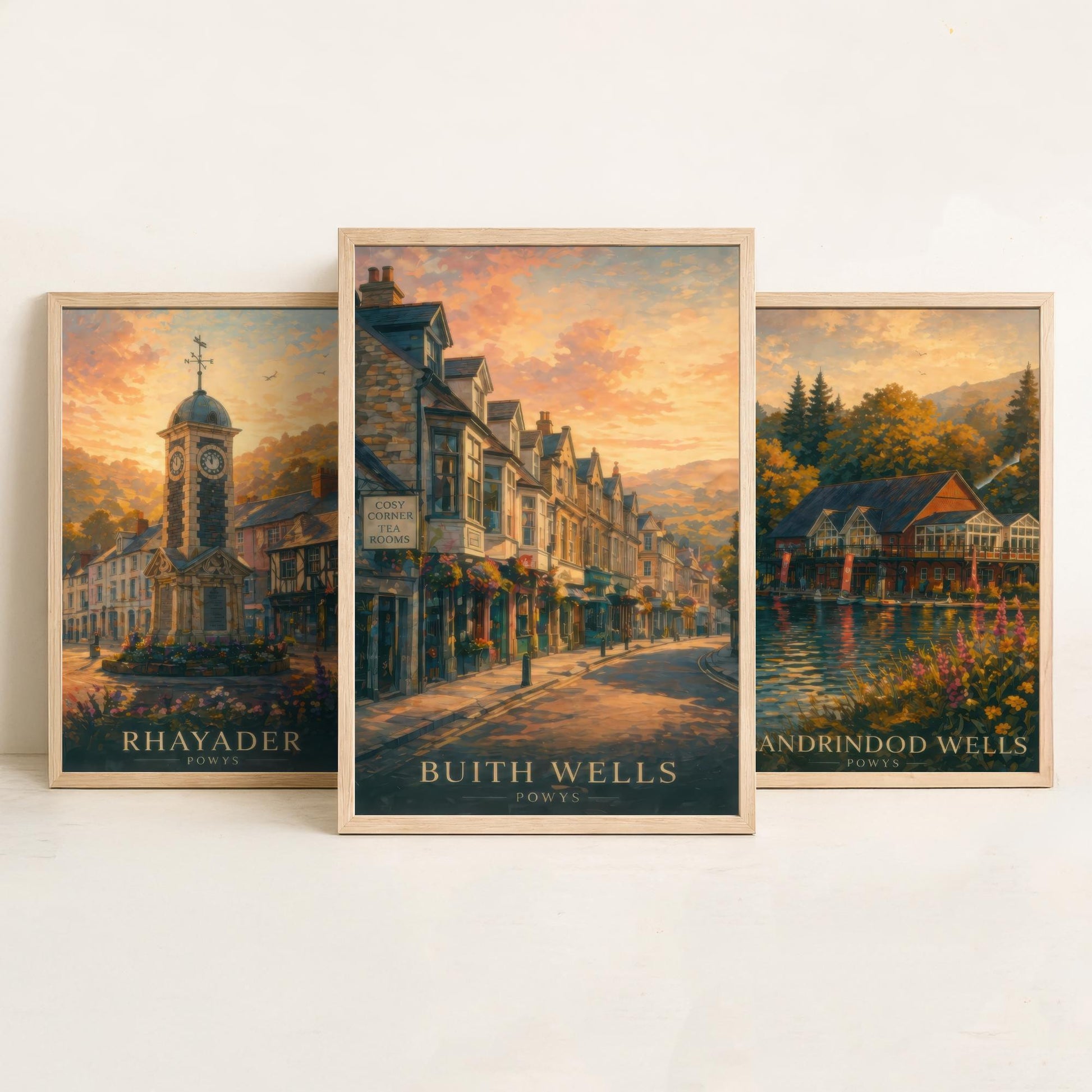 Powys Wales Set of Three Art Prints - 3 Rhayader Llandrindod Wells Builth Wells Posters - Sunset Wall Art Painting Travel