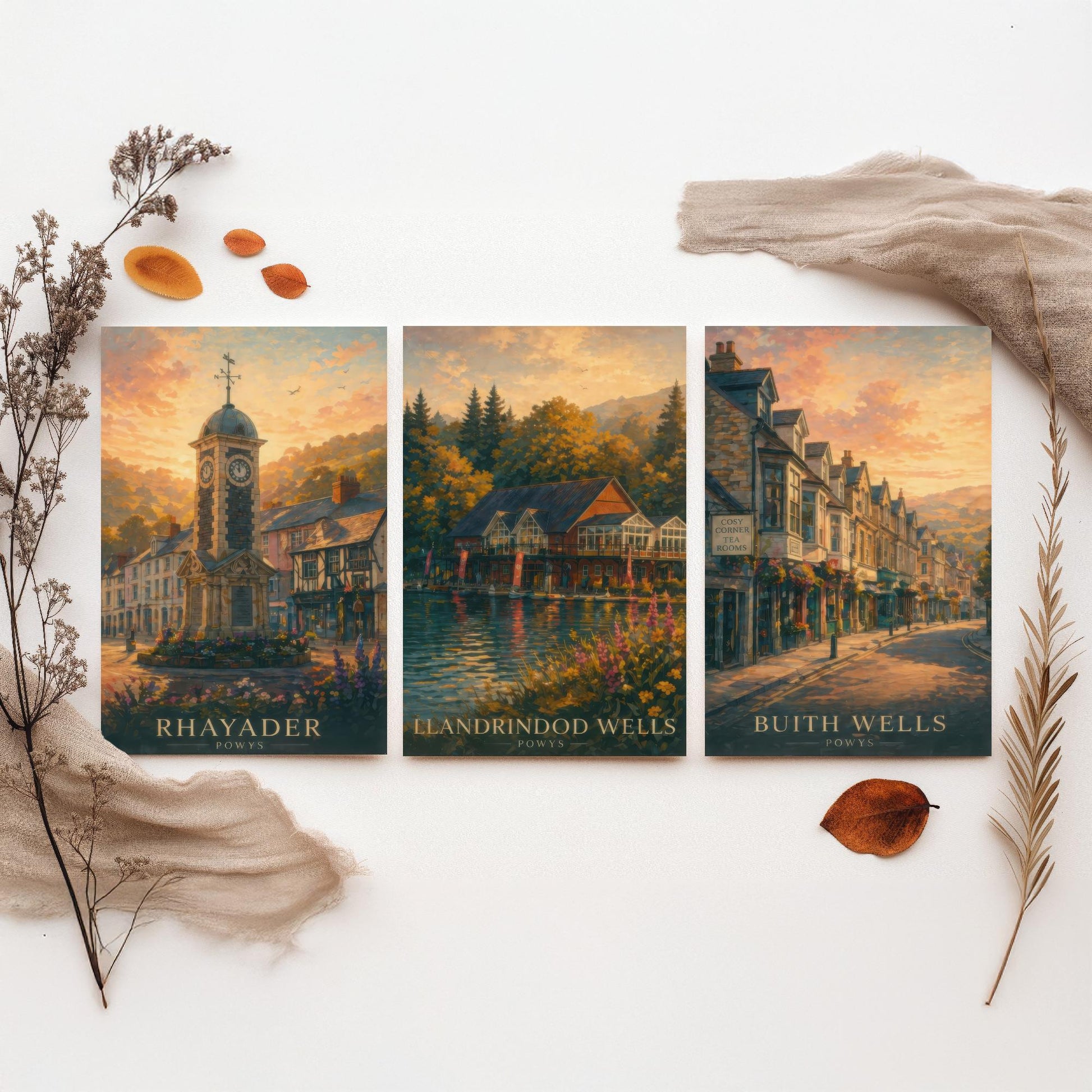 Powys Wales Set of Three Art Prints - 3 Rhayader Llandrindod Wells Builth Wells Posters - Sunset Wall Art Painting Travel