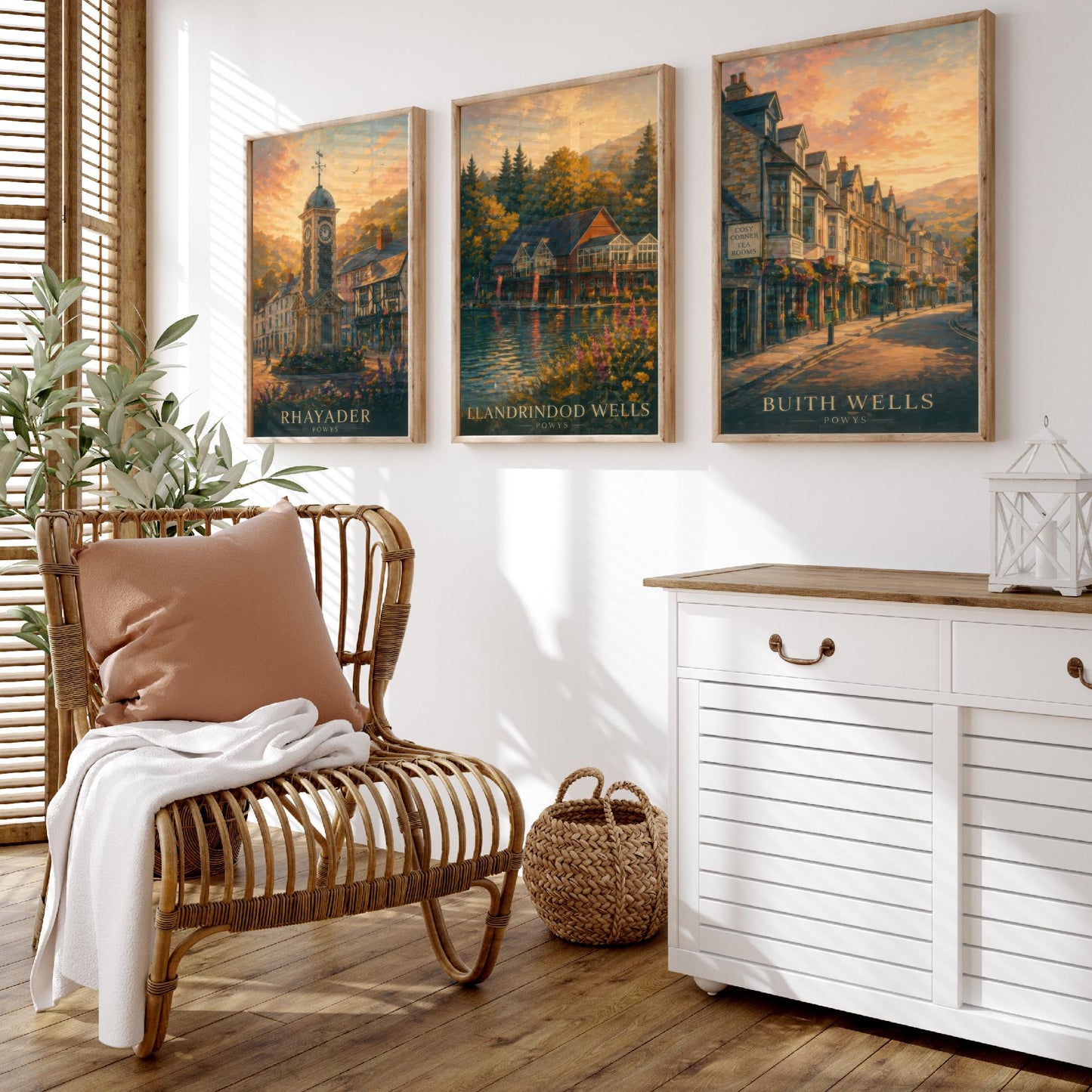 Powys Wales Set of Three Art Prints - 3 Rhayader Llandrindod Wells Builth Wells Posters - Sunset Wall Art Painting Travel