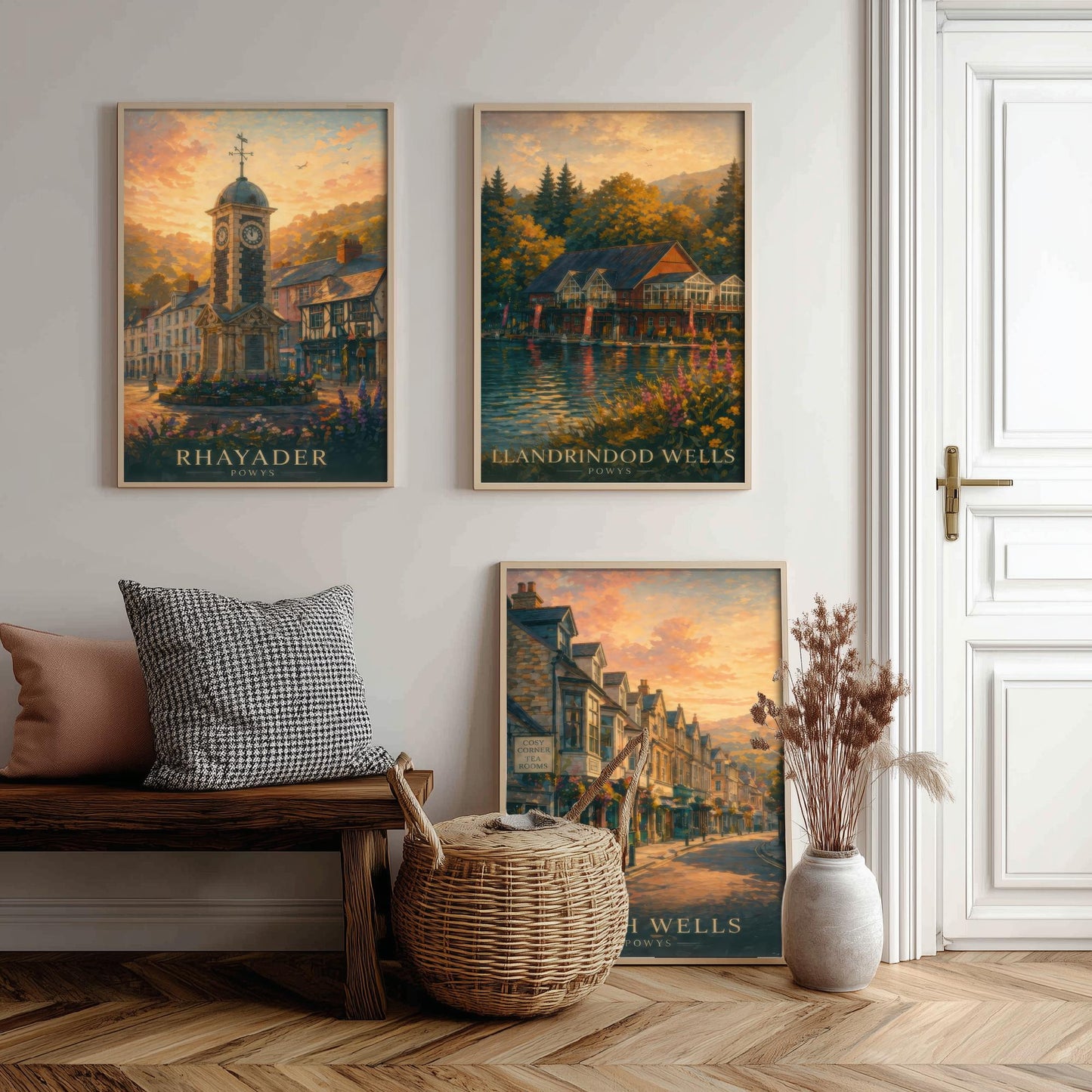 Powys Wales Set of Three Art Prints - 3 Rhayader Llandrindod Wells Builth Wells Posters - Sunset Wall Art Painting Travel
