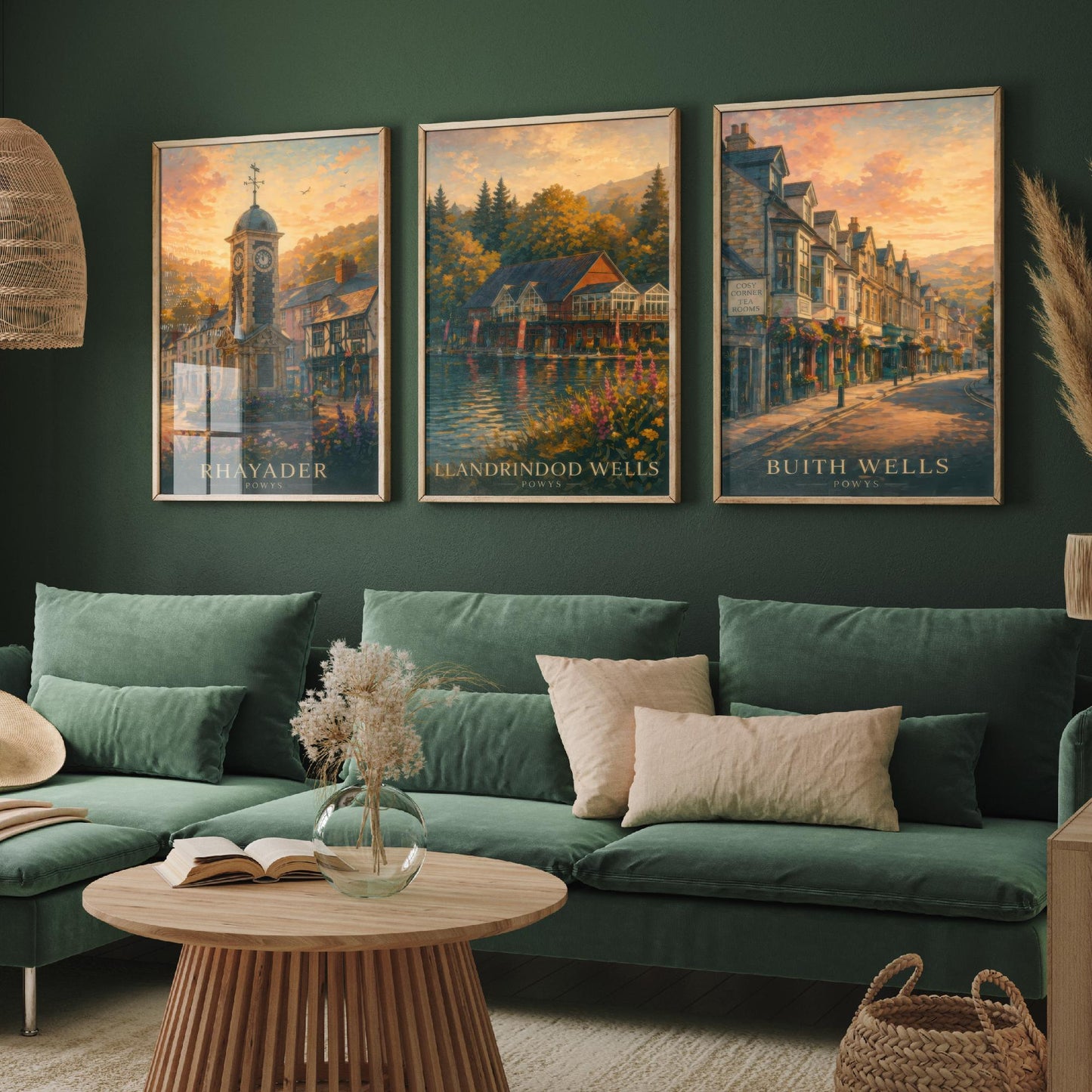Powys Wales Set of Three Art Prints - 3 Rhayader Llandrindod Wells Builth Wells Posters - Sunset Wall Art Painting Travel