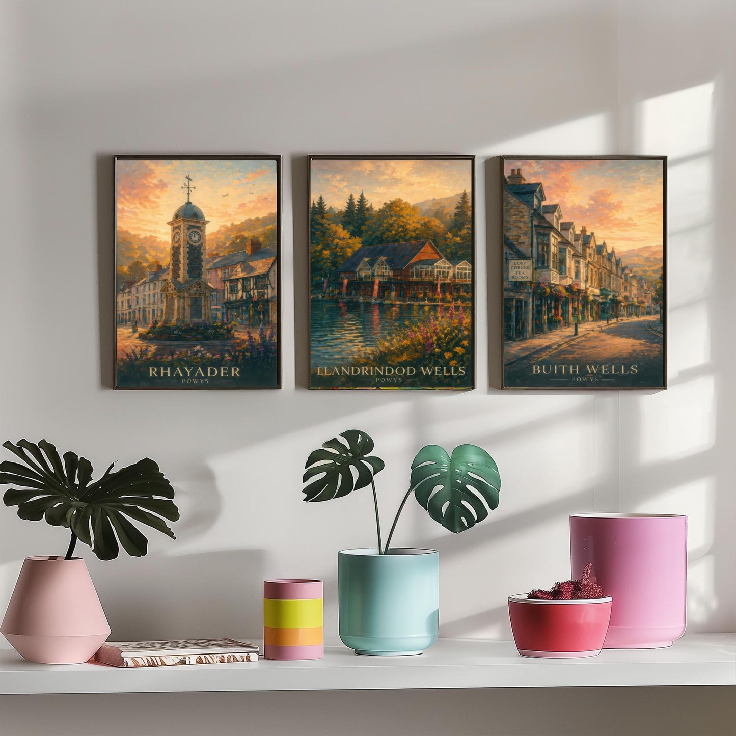 Powys Wales Set of Three Art Prints - 3 Rhayader Llandrindod Wells Builth Wells Posters - Sunset Wall Art Painting Travel