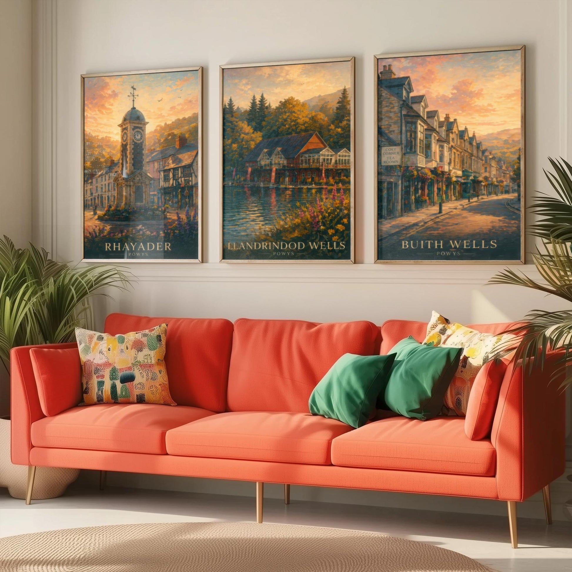 Powys Wales Set of Three Art Prints - 3 Rhayader Llandrindod Wells Builth Wells Posters - Sunset Wall Art Painting Travel