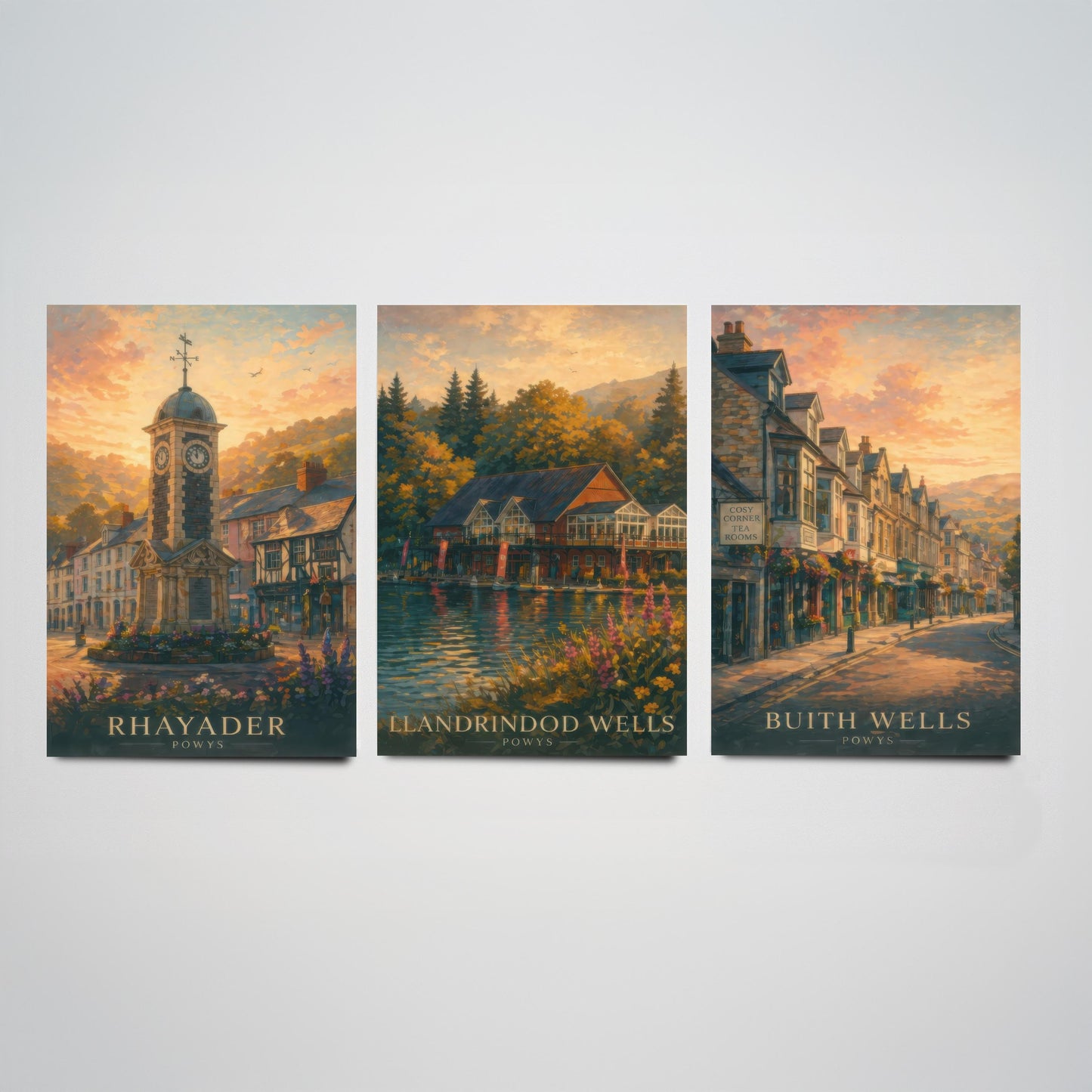 Powys Wales Set of Three Art Prints - 3 Rhayader Llandrindod Wells Builth Wells Posters - Sunset Wall Art Painting Travel