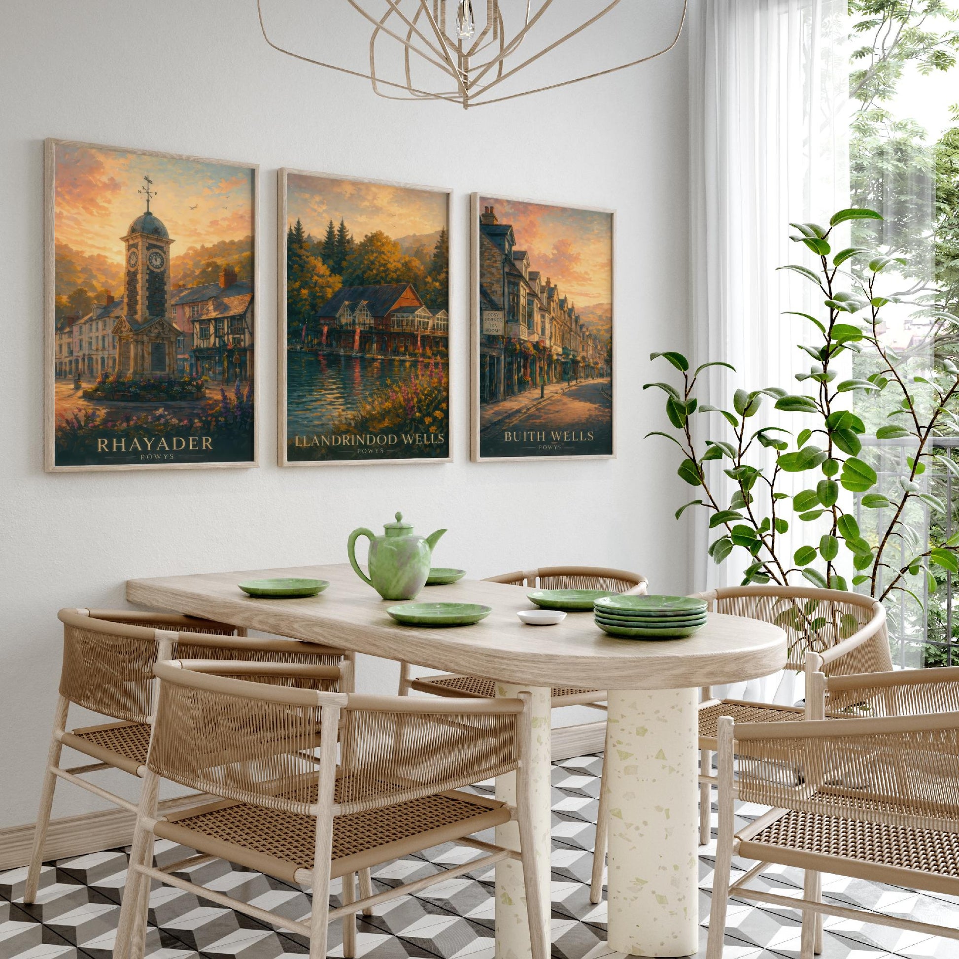 Powys Wales Set of Three Art Prints - 3 Rhayader Llandrindod Wells Builth Wells Posters - Sunset Wall Art Painting Travel