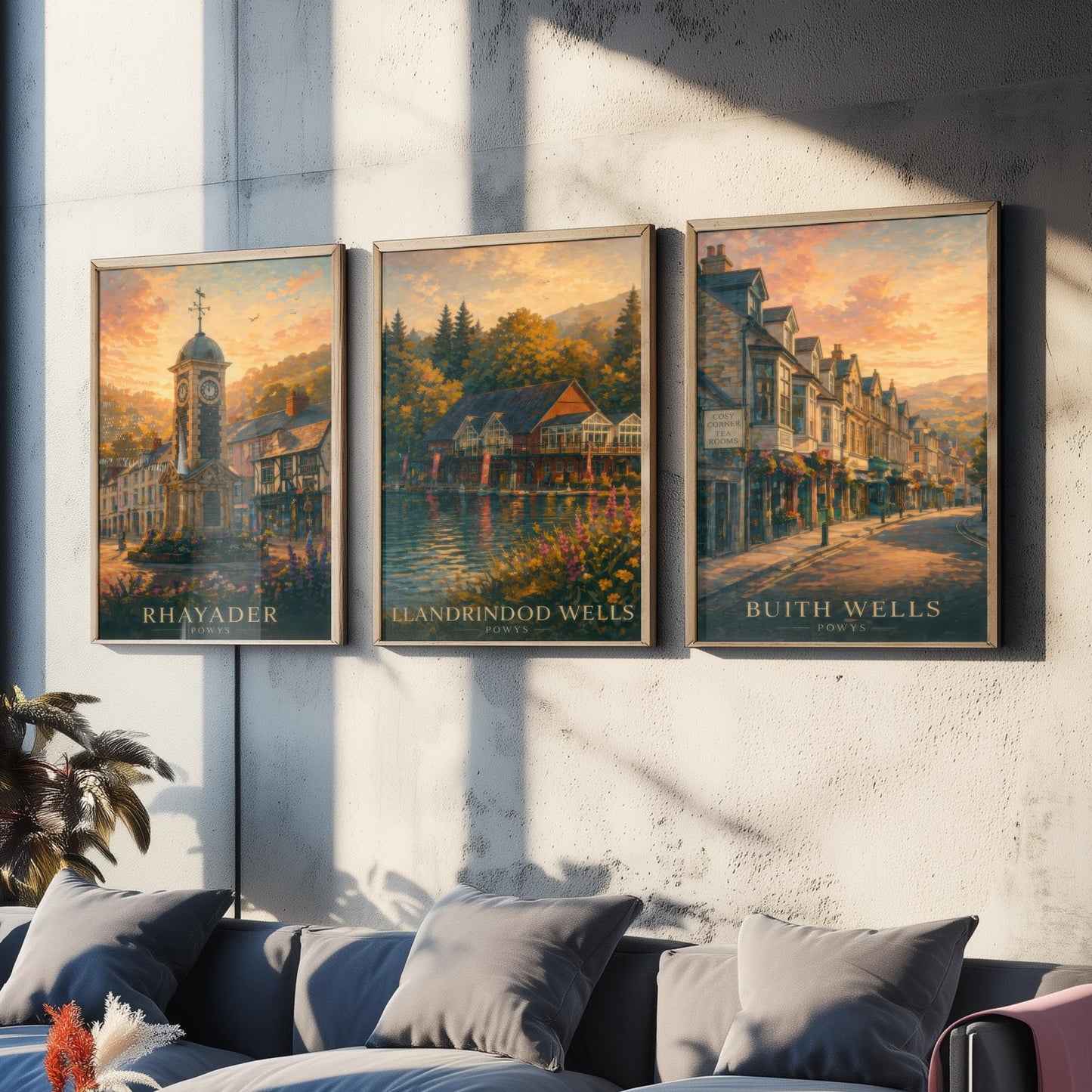 Powys Wales Set of Three Art Prints - 3 Rhayader Llandrindod Wells Builth Wells Posters - Sunset Wall Art Painting Travel