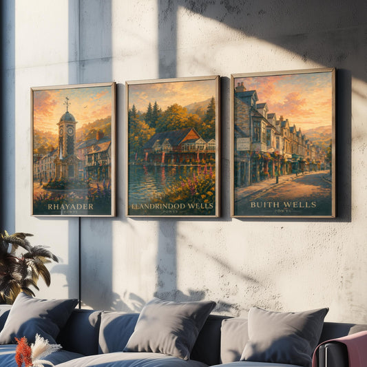 Powys Wales Set of Three Art Prints - 3 Rhayader Llandrindod Wells Builth Wells Posters - Sunset Wall Art Painting Travel