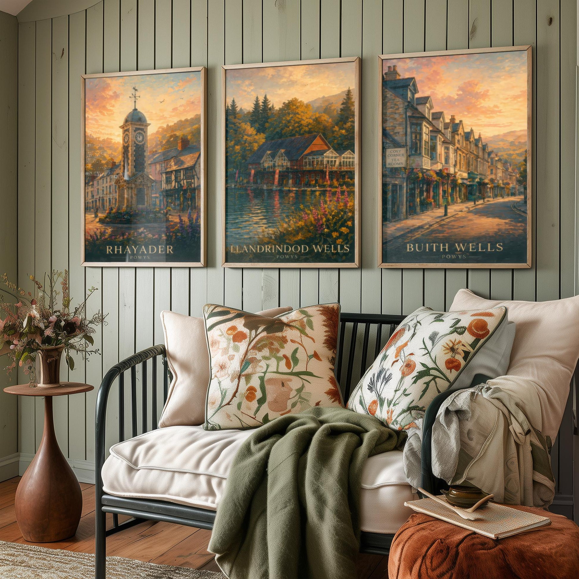 Powys Wales Set of Three Art Prints - 3 Rhayader Llandrindod Wells Builth Wells Posters - Sunset Wall Art Painting Travel