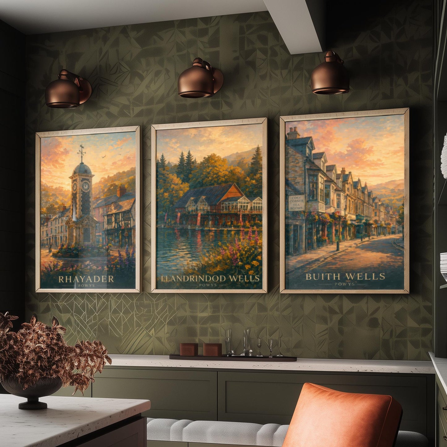 Powys Wales Set of Three Art Prints - 3 Rhayader Llandrindod Wells Builth Wells Posters - Sunset Wall Art Painting Travel