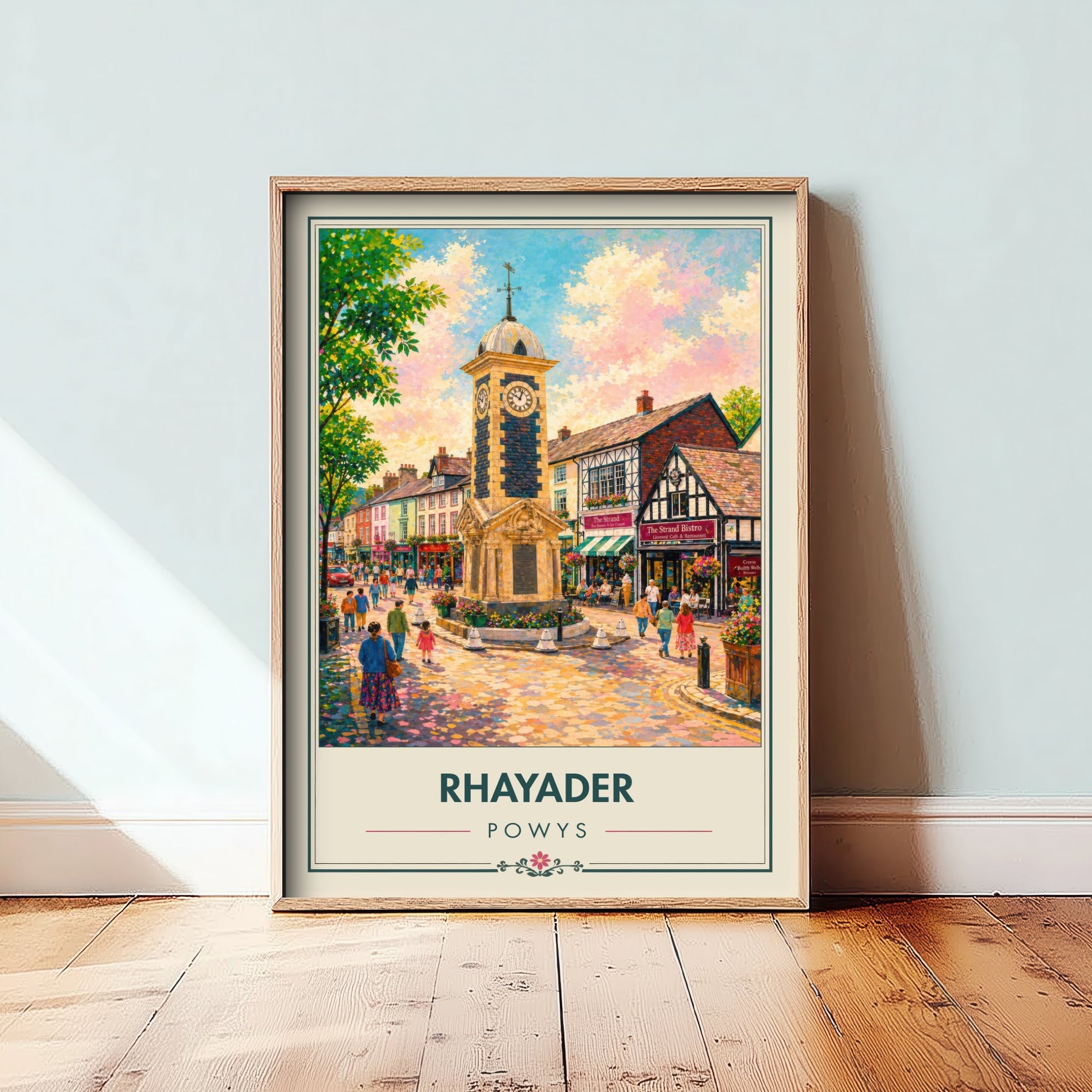 Rhayader Powys Wales Travel Poster - Art Print - Vibrant Illustration - Clock Tower Wall Art 1/3