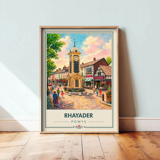 Rhayader Powys Wales Travel Poster - Art Print - Vibrant Illustration - Clock Tower Wall Art 1/3