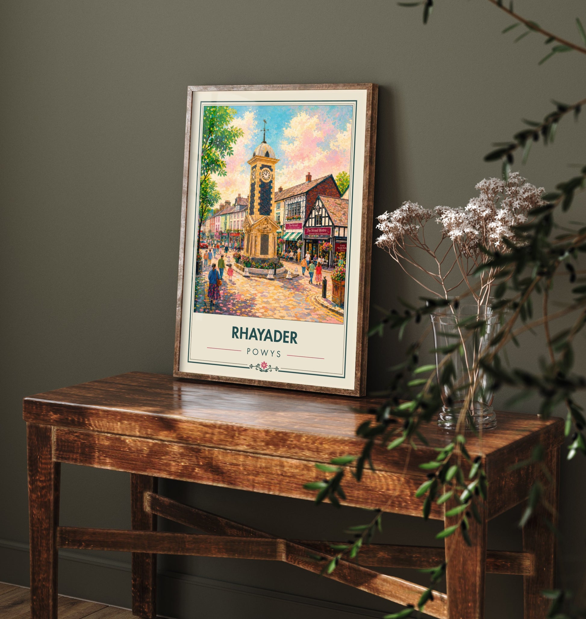 Rhayader Powys Wales Travel Poster - Art Print - Vibrant Illustration - Clock Tower Wall Art 1/3