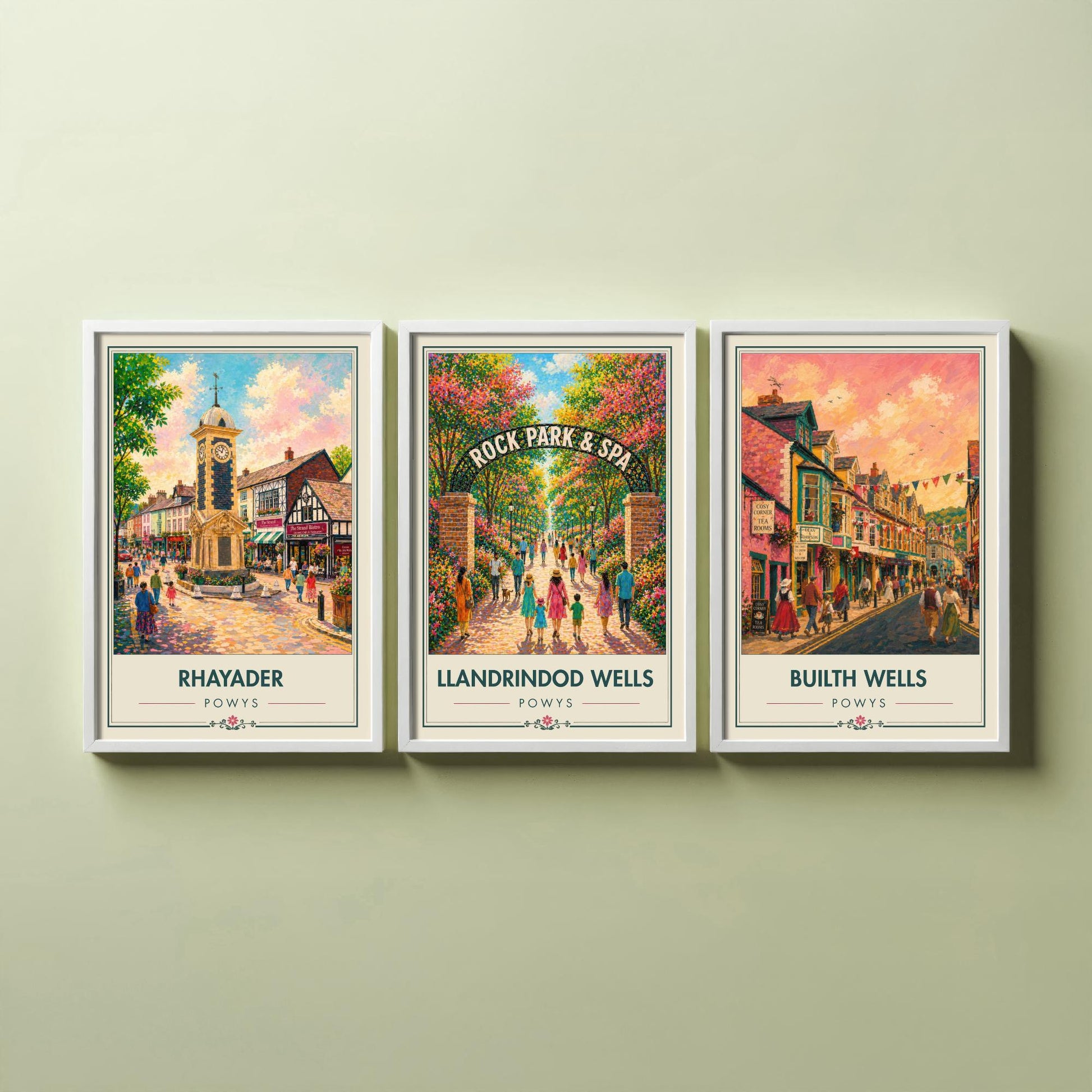 Powys Wales Set of Three Art Prints - 3 Rhayader Llandrindod Wells Builth Wells Posters - Festival Vibrant Town Painting Welsh Gift