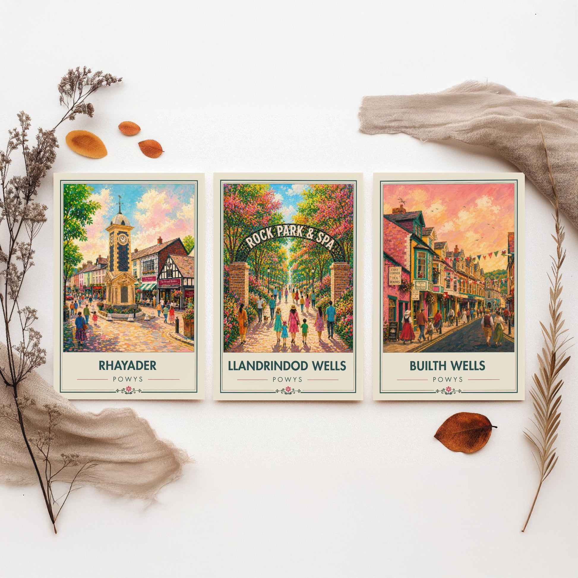 Powys Wales Set of Three Art Prints - 3 Rhayader Llandrindod Wells Builth Wells Posters - Festival Vibrant Town Painting Welsh Gift