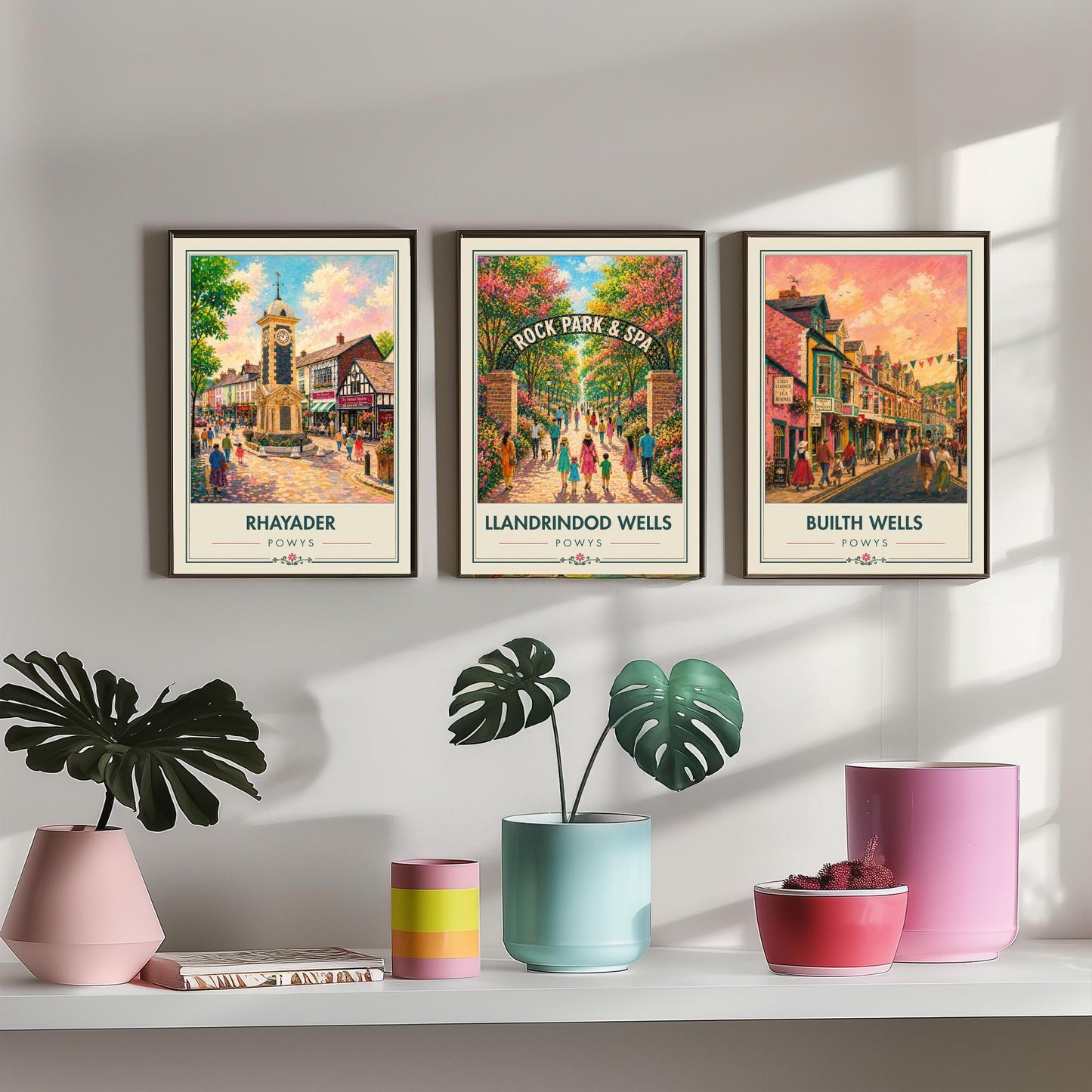 Powys Wales Set of Three Art Prints - 3 Rhayader Llandrindod Wells Builth Wells Posters - Festival Vibrant Town Painting Welsh Gift