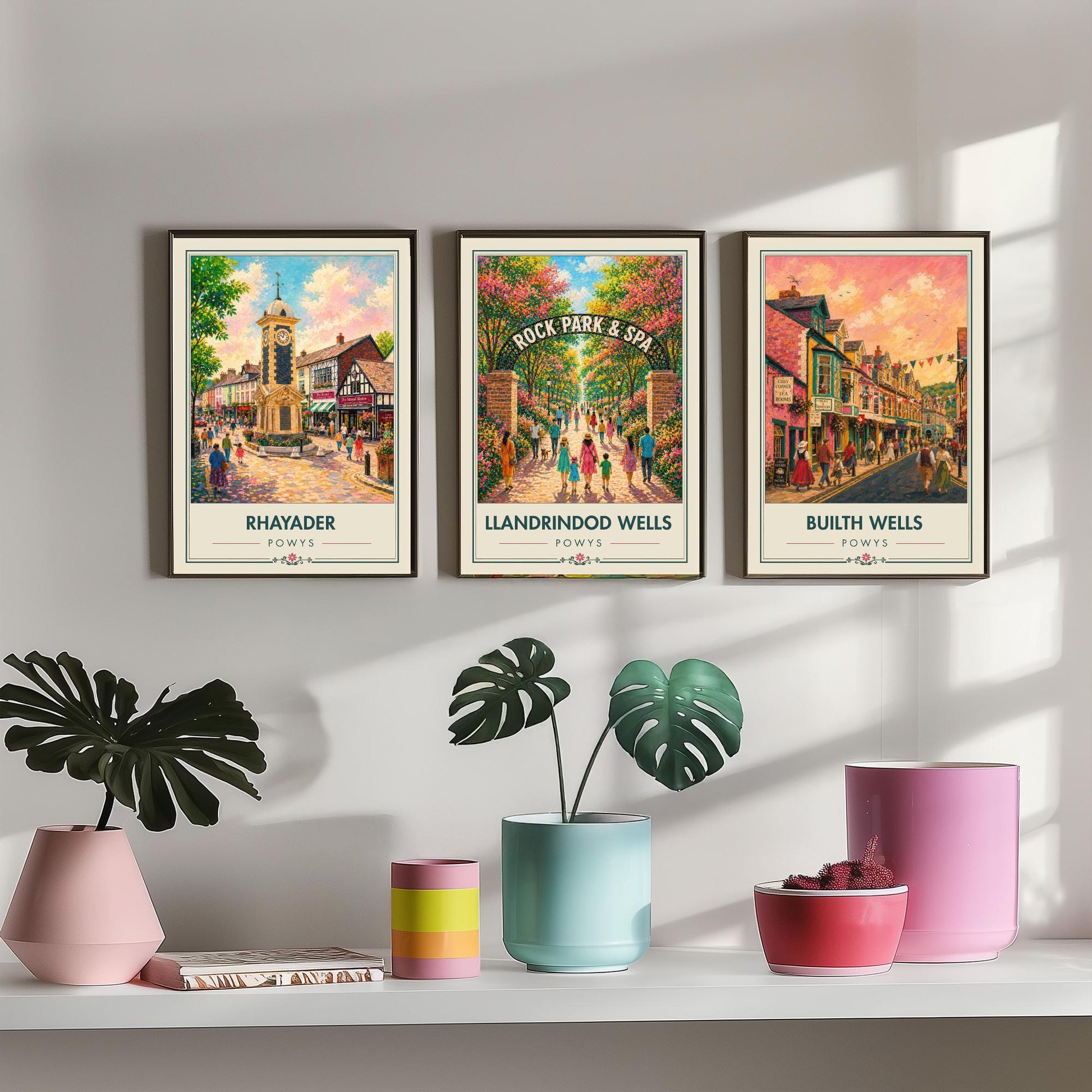 Powys Wales Set of Three Art Prints - 3 Rhayader Llandrindod Wells Builth Wells Posters - Festival Vibrant Town Painting Welsh Gift