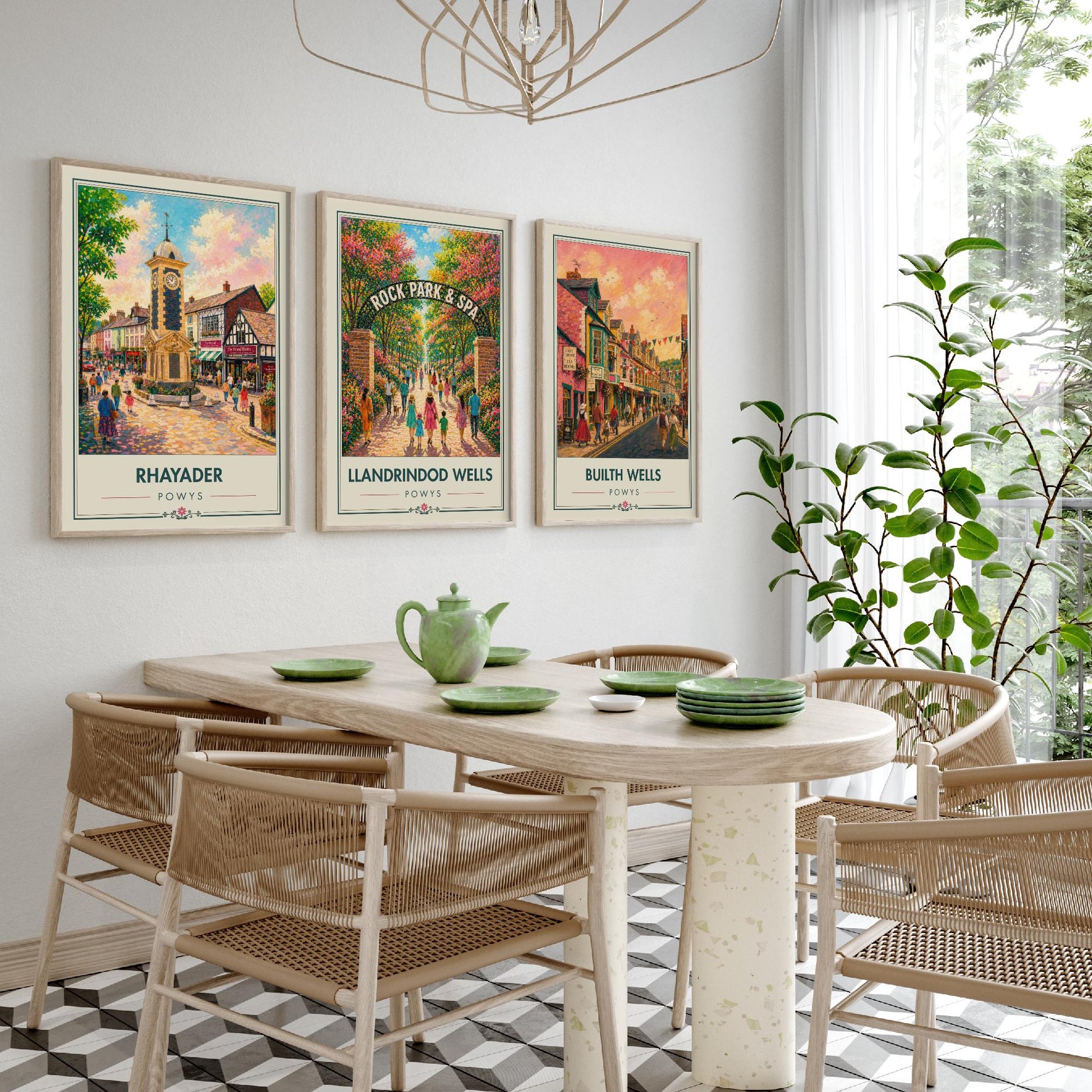 Powys Wales Set of Three Art Prints - 3 Rhayader Llandrindod Wells Builth Wells Posters - Festival Vibrant Town Painting Welsh Gift
