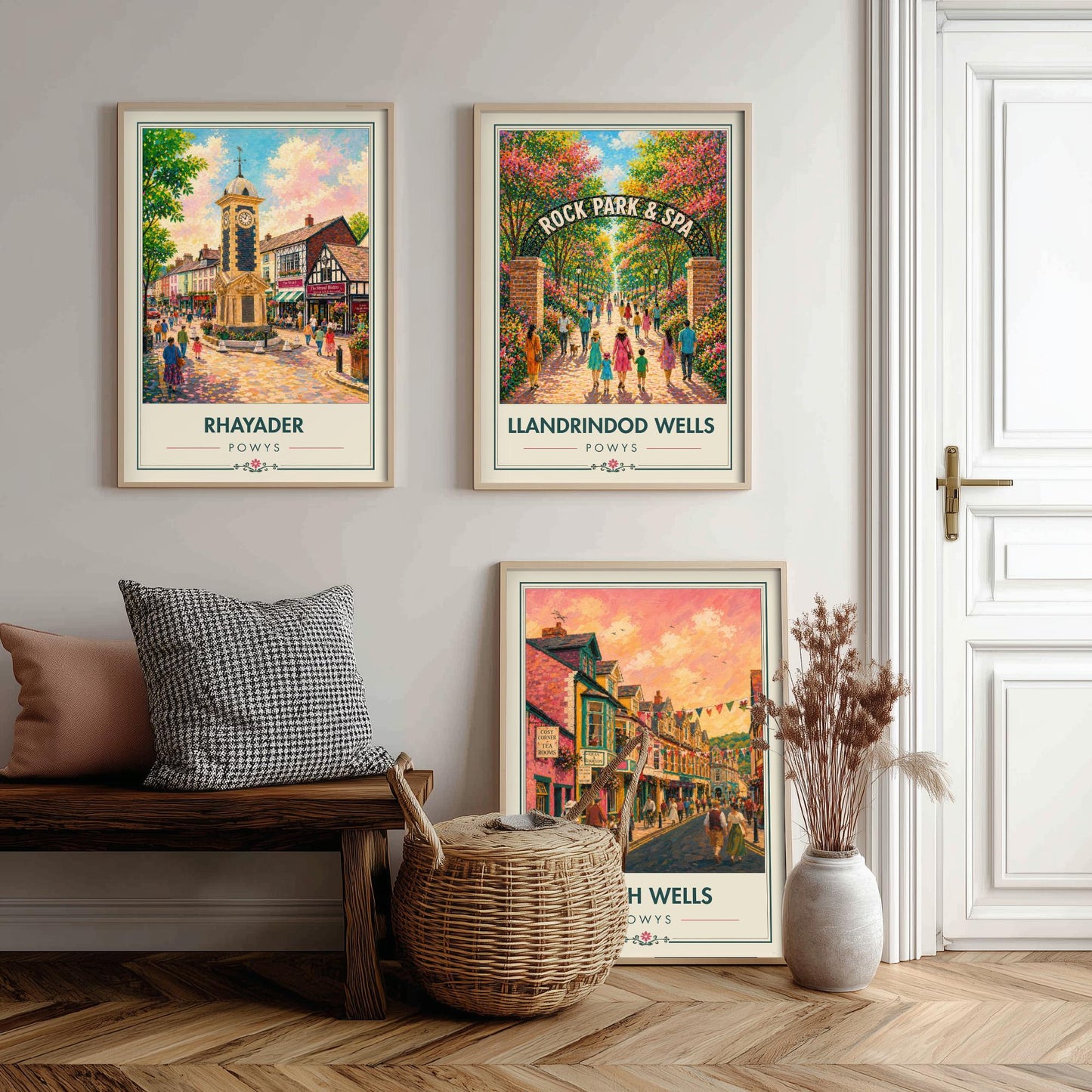 Powys Wales Set of Three Art Prints - 3 Rhayader Llandrindod Wells Builth Wells Posters - Festival Vibrant Town Painting Welsh Gift