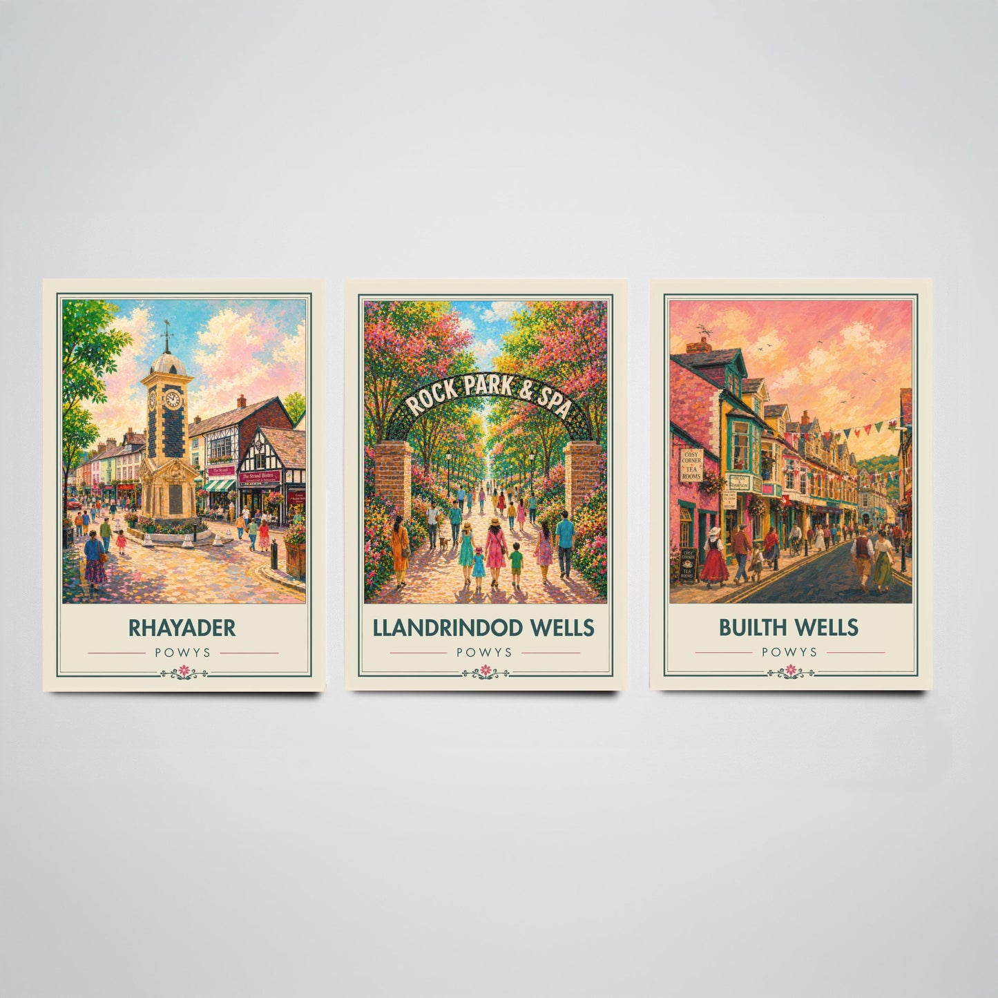 Powys Wales Set of Three Art Prints - 3 Rhayader Llandrindod Wells Builth Wells Posters - Festival Vibrant Town Painting Welsh Gift