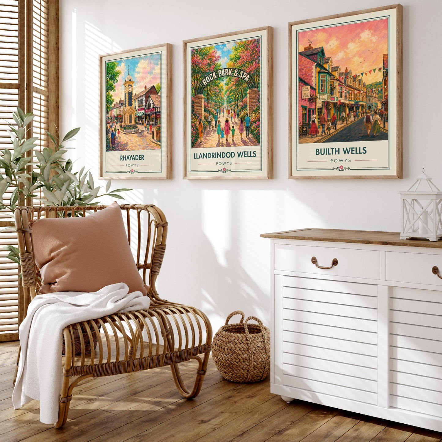 Powys Wales Set of Three Art Prints - 3 Rhayader Llandrindod Wells Builth Wells Posters - Festival Vibrant Town Painting Welsh Gift