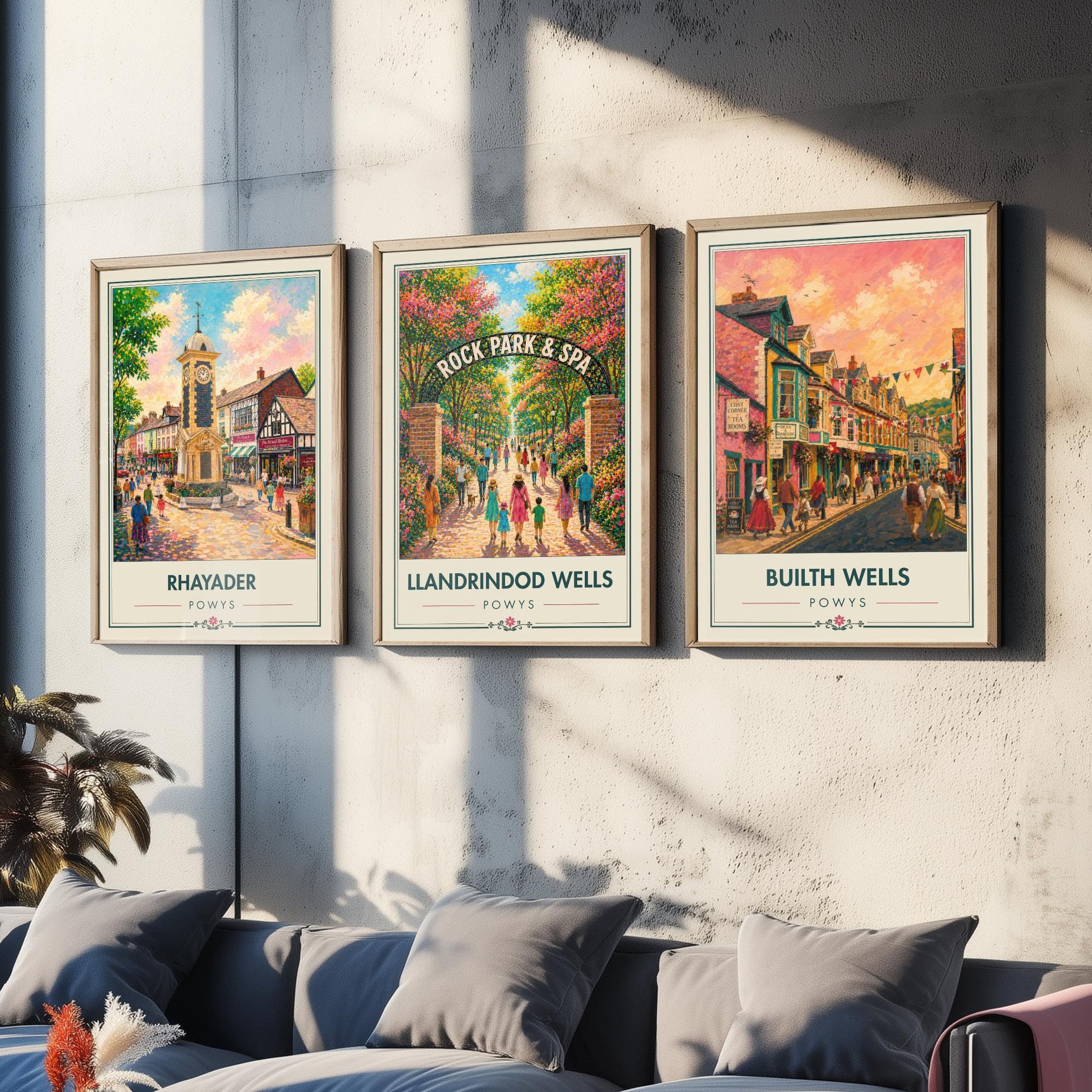 Powys Wales Set of Three Art Prints - 3 Rhayader Llandrindod Wells Builth Wells Posters - Festival Vibrant Town Painting Welsh Gift