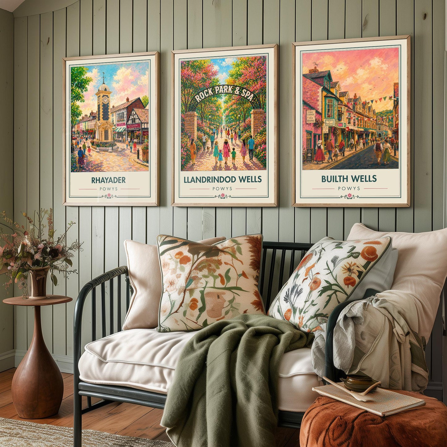 Powys Wales Set of Three Art Prints - 3 Rhayader Llandrindod Wells Builth Wells Posters - Festival Vibrant Town Painting Welsh Gift