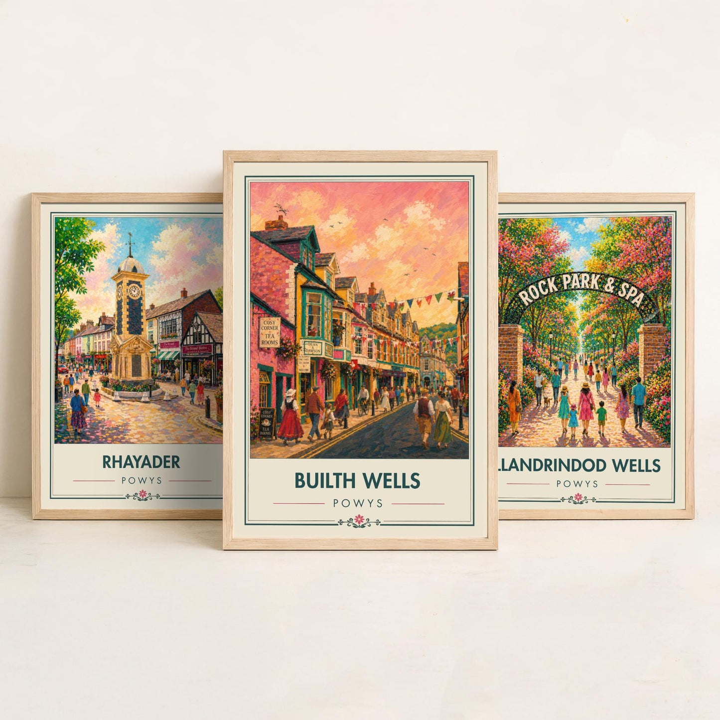 Powys Wales Set of Three Art Prints - 3 Rhayader Llandrindod Wells Builth Wells Posters - Festival Vibrant Town Painting Welsh Gift