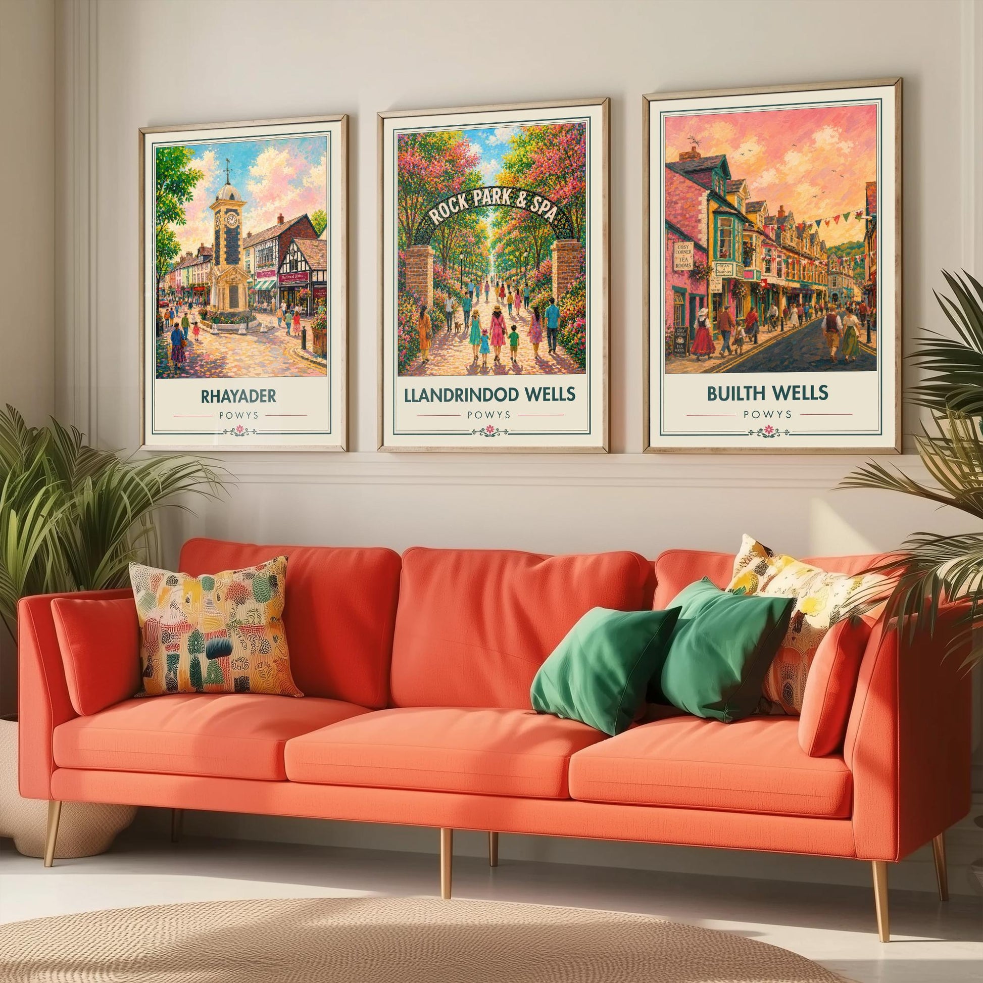 Powys Wales Set of Three Art Prints - 3 Rhayader Llandrindod Wells Builth Wells Posters - Festival Vibrant Town Painting Welsh Gift