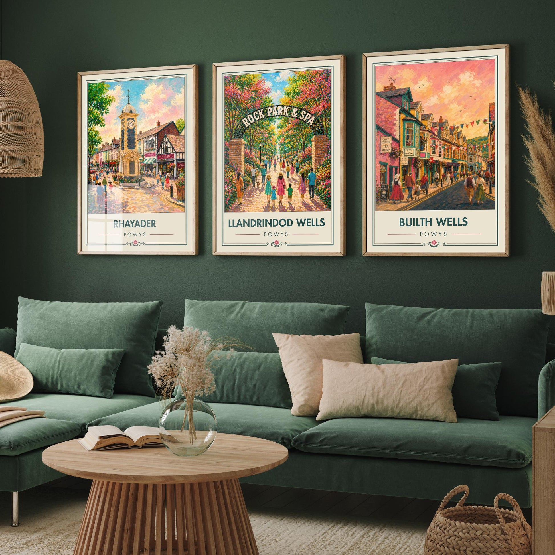 Powys Wales Set of Three Art Prints - 3 Rhayader Llandrindod Wells Builth Wells Posters - Festival Vibrant Town Painting Welsh Gift