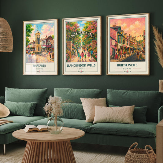 Powys Wales Set of Three Art Prints - 3 Rhayader Llandrindod Wells Builth Wells Posters - Festival Vibrant Town Painting Welsh Gift
