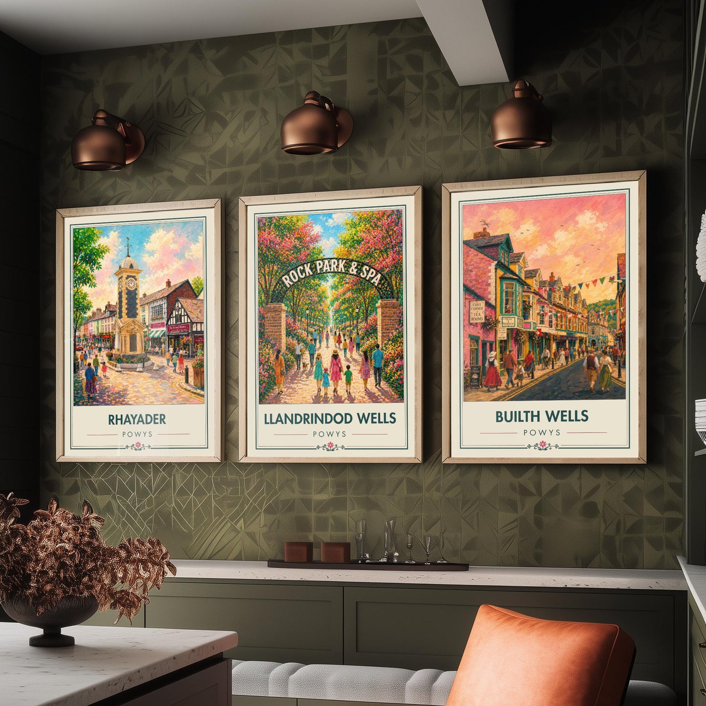 Powys Wales Set of Three Art Prints - 3 Rhayader Llandrindod Wells Builth Wells Posters - Festival Vibrant Town Painting Welsh Gift
