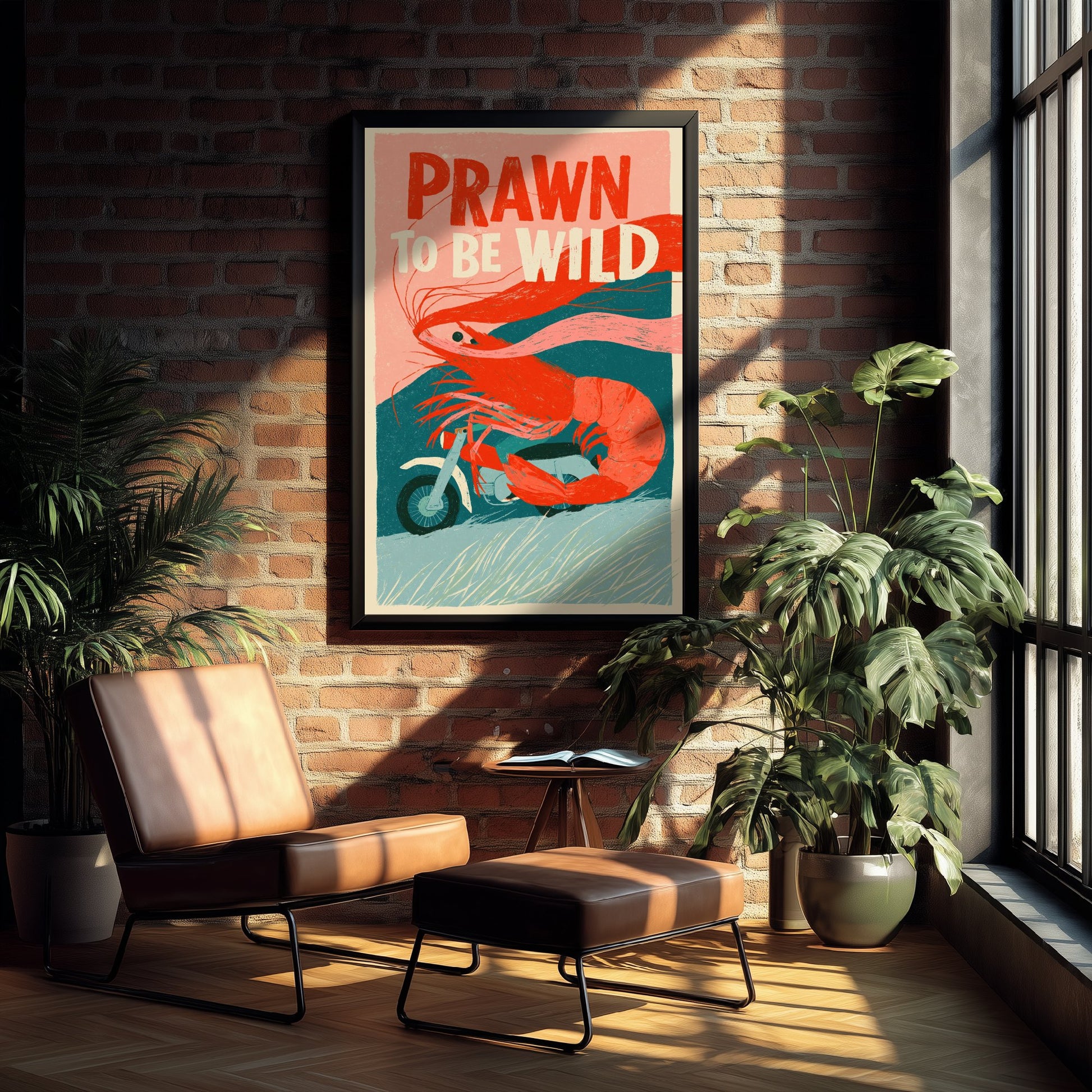 Prawn to be Wild Art Print - Shrimp on a Motorcycle Poster - Funny Retro Biker Illustration - Seafood Pun Kitchen Wall Art