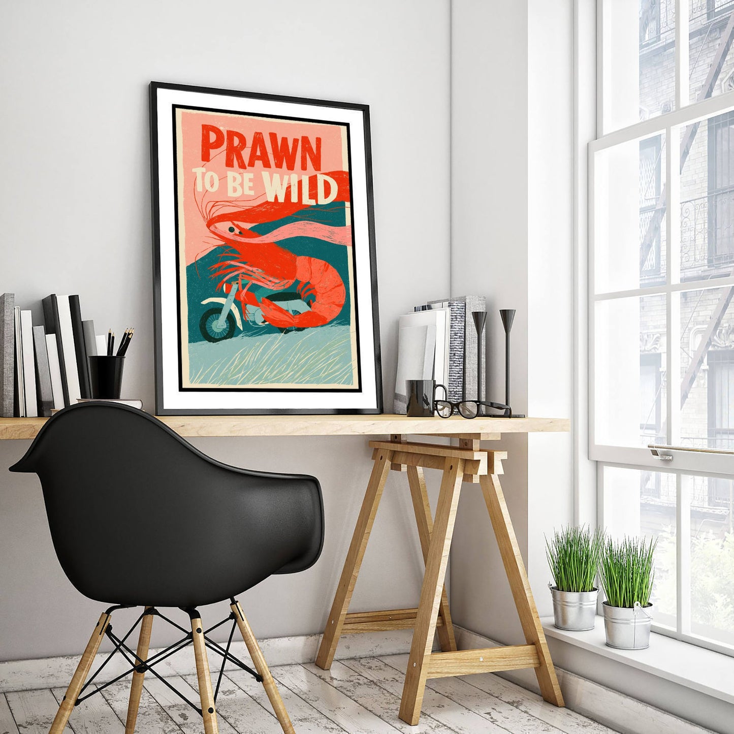 Prawn to be Wild Art Print - Shrimp on a Motorcycle Poster - Funny Retro Biker Illustration - Seafood Pun Kitchen Wall Art