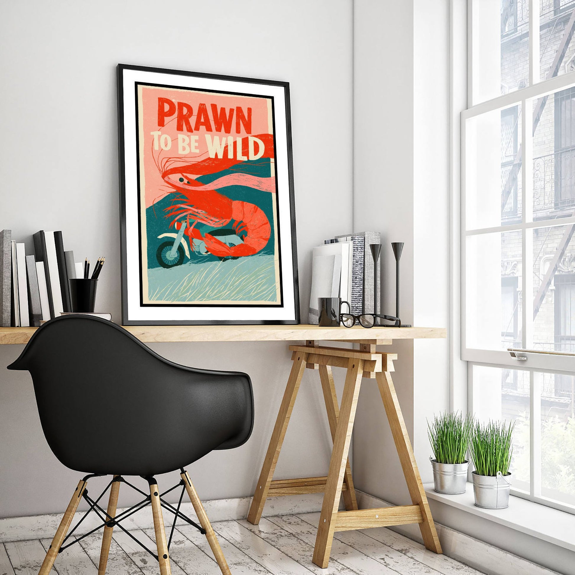 Prawn to be Wild Art Print - Shrimp on a Motorcycle Poster - Funny Retro Biker Illustration - Seafood Pun Kitchen Wall Art