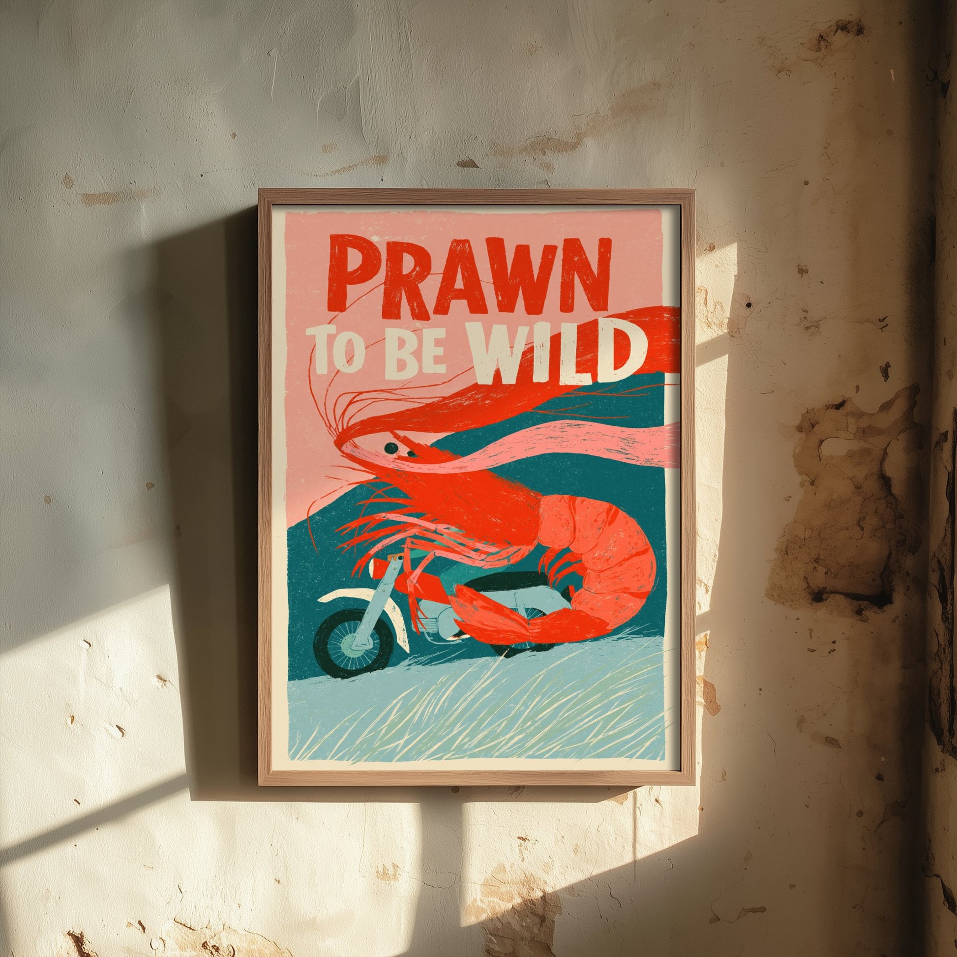 Prawn to be Wild Art Print - Shrimp on a Motorcycle Poster - Funny Retro Biker Illustration - Seafood Pun Kitchen Wall Art