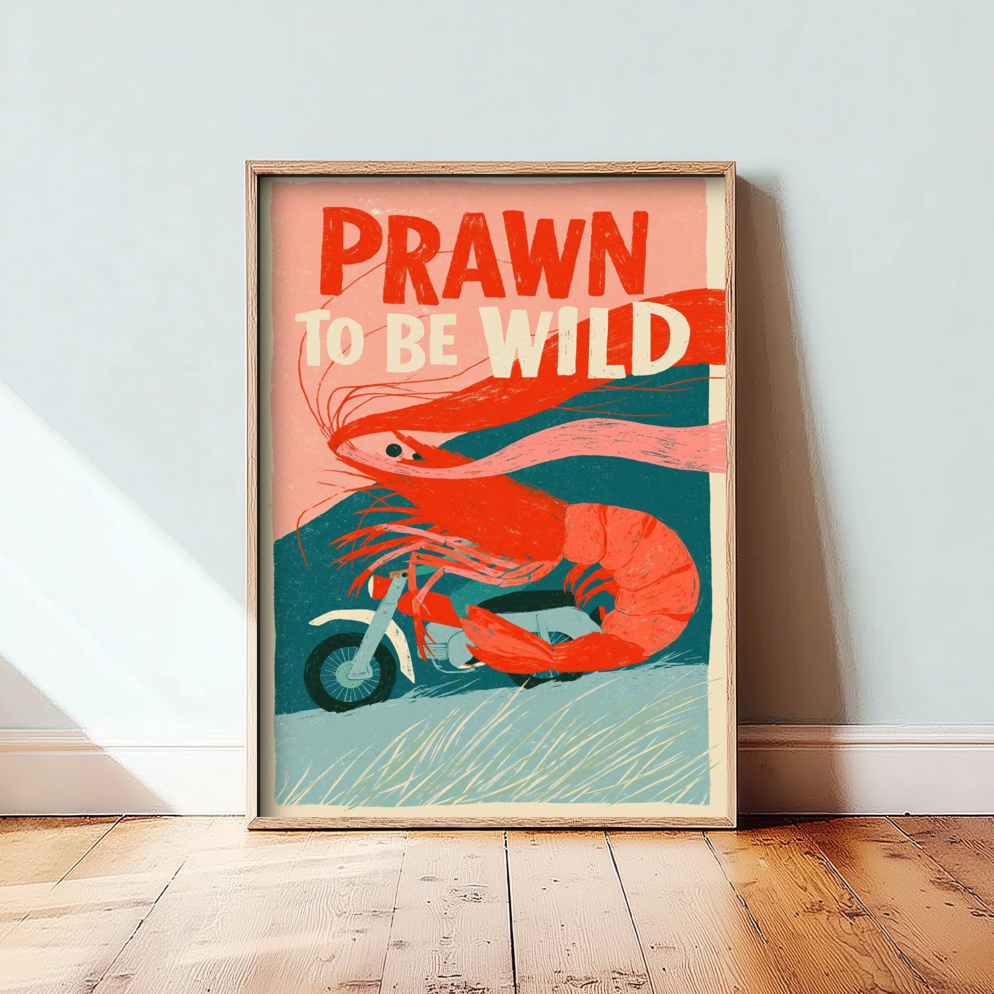 Prawn to be Wild Art Print - Shrimp on a Motorcycle Poster - Funny Retro Biker Illustration - Seafood Pun Kitchen Wall Art
