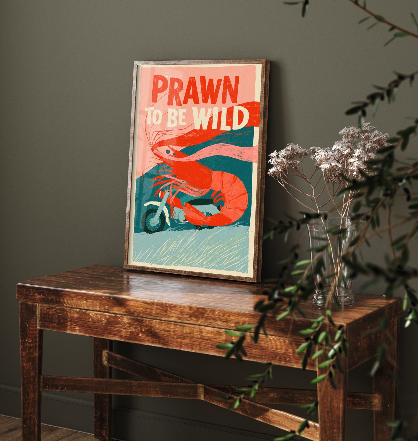 Prawn to be Wild Art Print - Shrimp on a Motorcycle Poster - Funny Retro Biker Illustration - Seafood Pun Kitchen Wall Art
