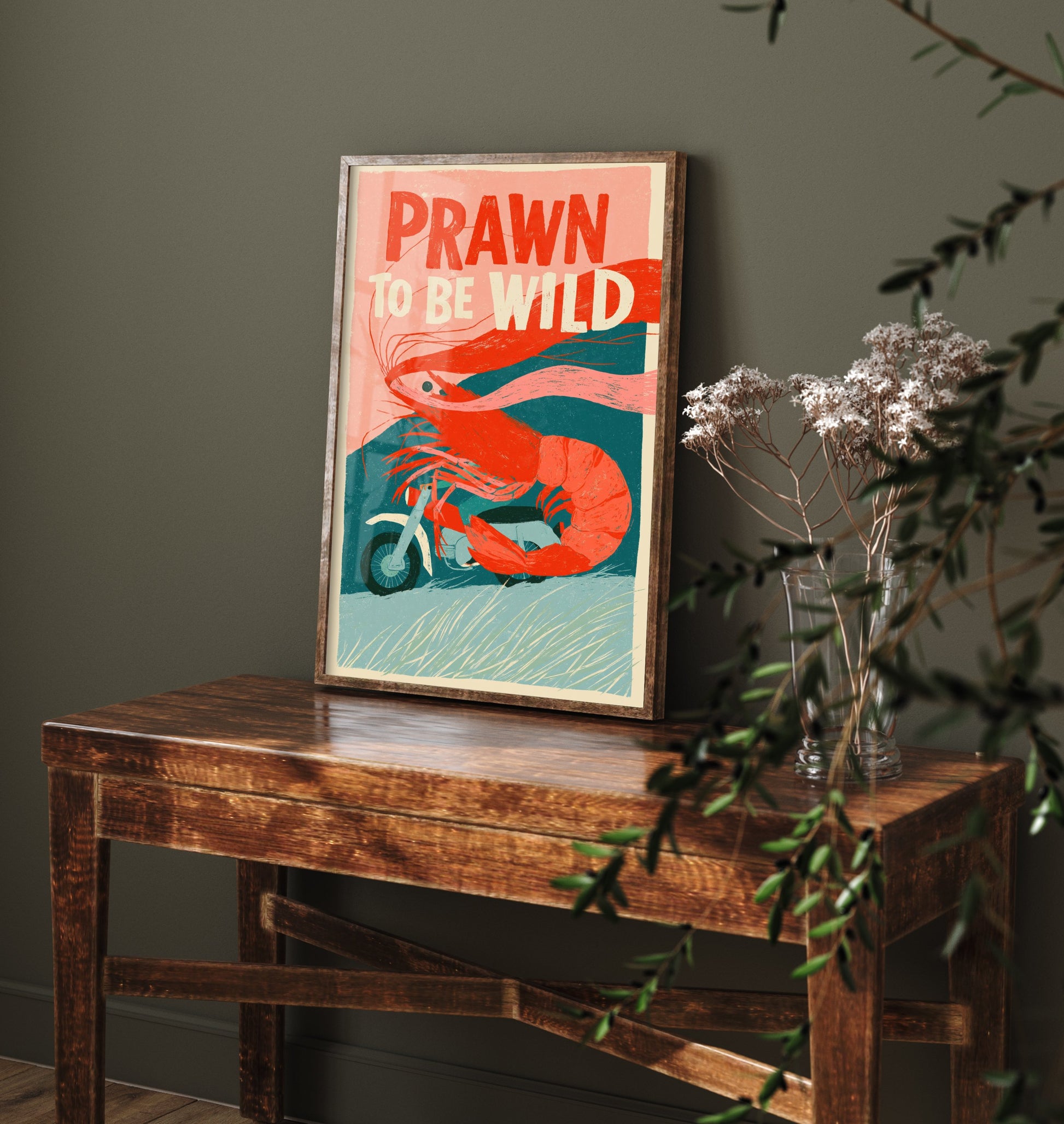 Prawn to be Wild Art Print - Shrimp on a Motorcycle Poster - Funny Retro Biker Illustration - Seafood Pun Kitchen Wall Art
